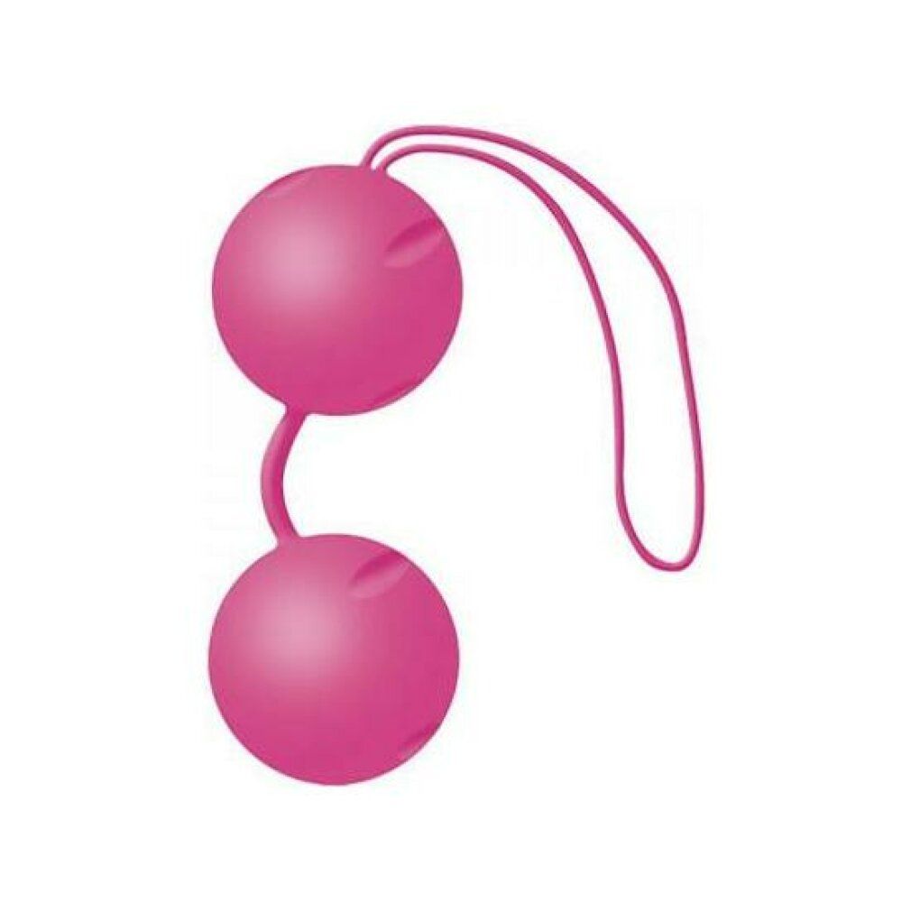 Zwei rosa Kugeln mit Verbindungsstück und Schlaufe. Oberflächen mit Vertiefungen. Produkt für Beckenbodentraining.