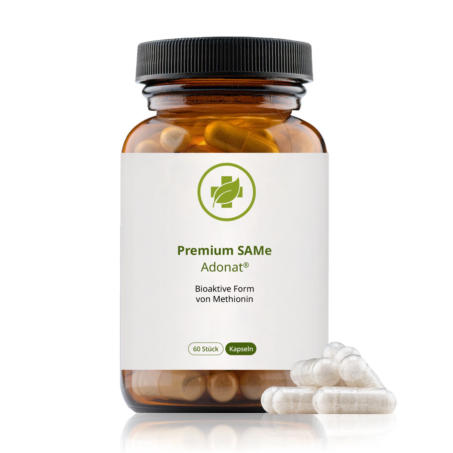 Braune Glasflasche mit weißen Kapseln und Etikett. Aufschrift: Premium SAMe Adonat, Bioaktive Form von Methionin. 60 Stück Kapseln.