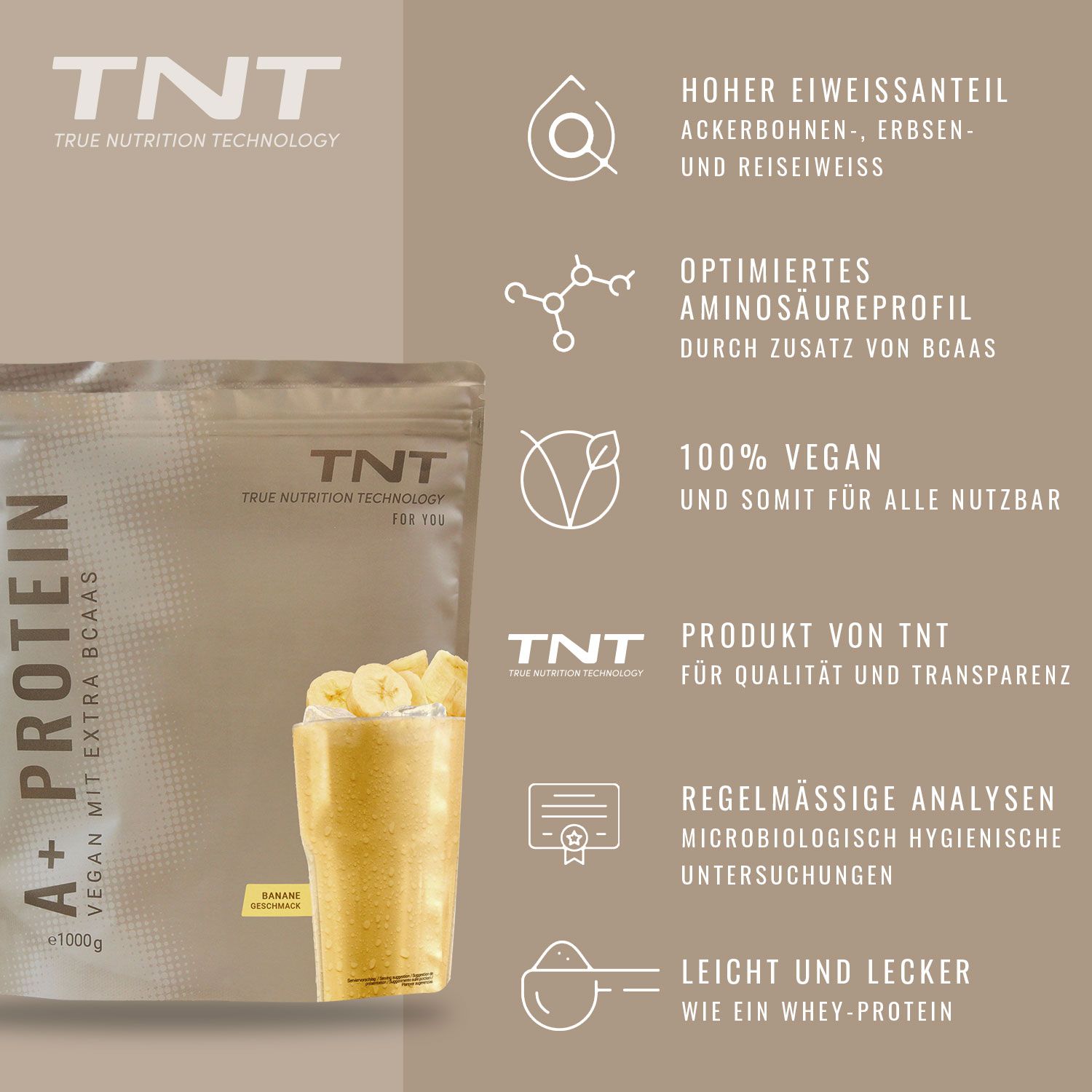 Produktinformationen von TNT A+ Protein. Text mit Vorteilen wie hoher Proteingehalt, vegan, optimiertes Aminosäureprofil.