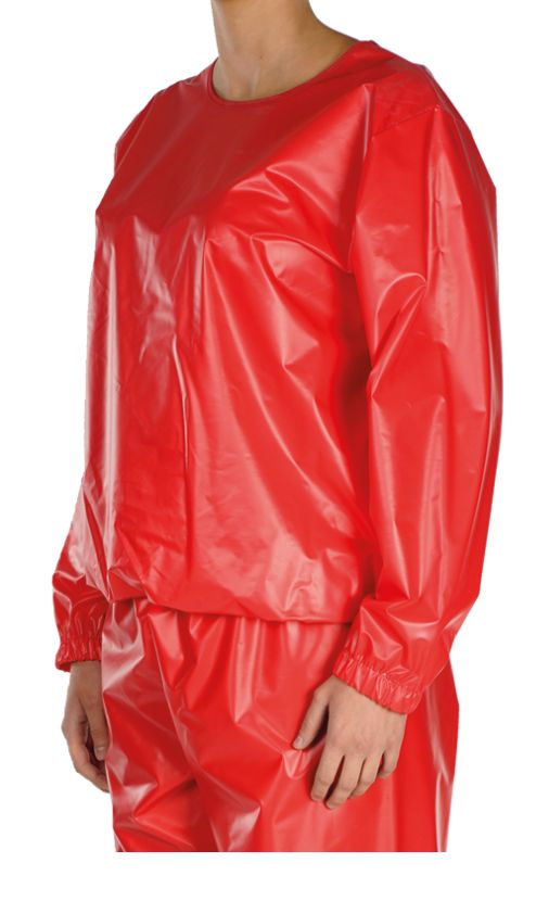 Rotes SUPRIMA Schlafanzug-Oberteil mit PVC. Seitenansicht. Langärmlig, Rundhalsausschnitt, elastischer Bund und Ärmelbündchen. Glänzendes Material.