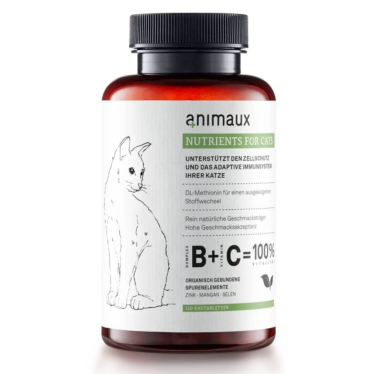Braune Flasche mit schwarzem Deckel. Aufschrift: animaux NUTRIENTS FOR CATS. Enthält 120 Tabletten. Abbildung einer Katze.