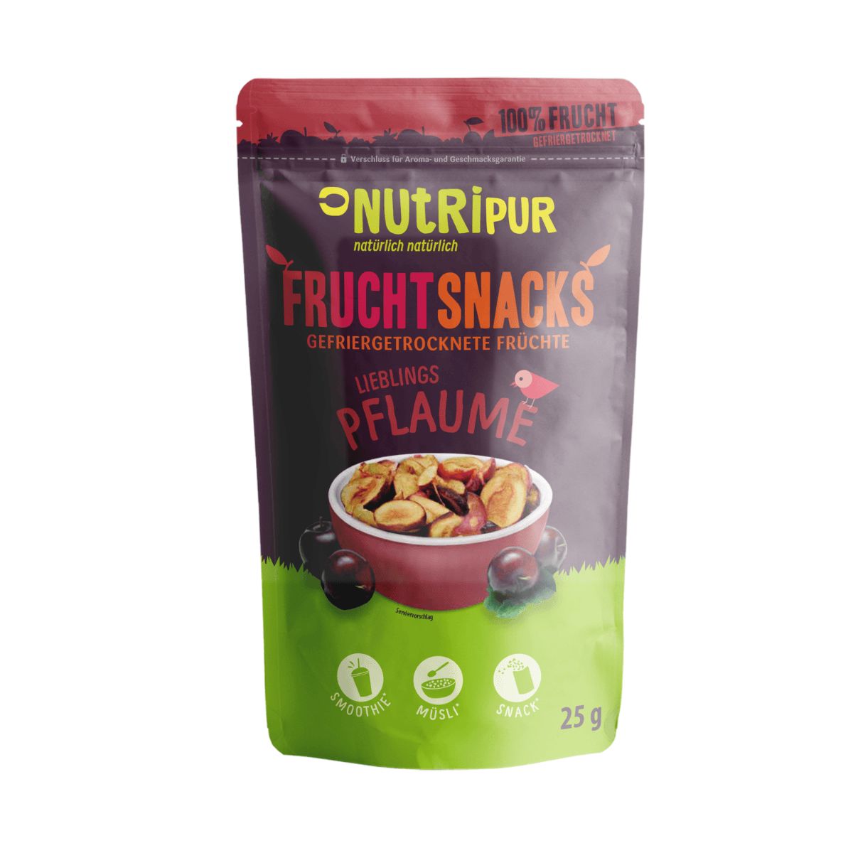 Beutel mit gefriergetrockneten Pflaumen-Snacks. Aufschrift: Frucht Snacks, Pflaume. 25g. Smoothie, Müsli, Snack.