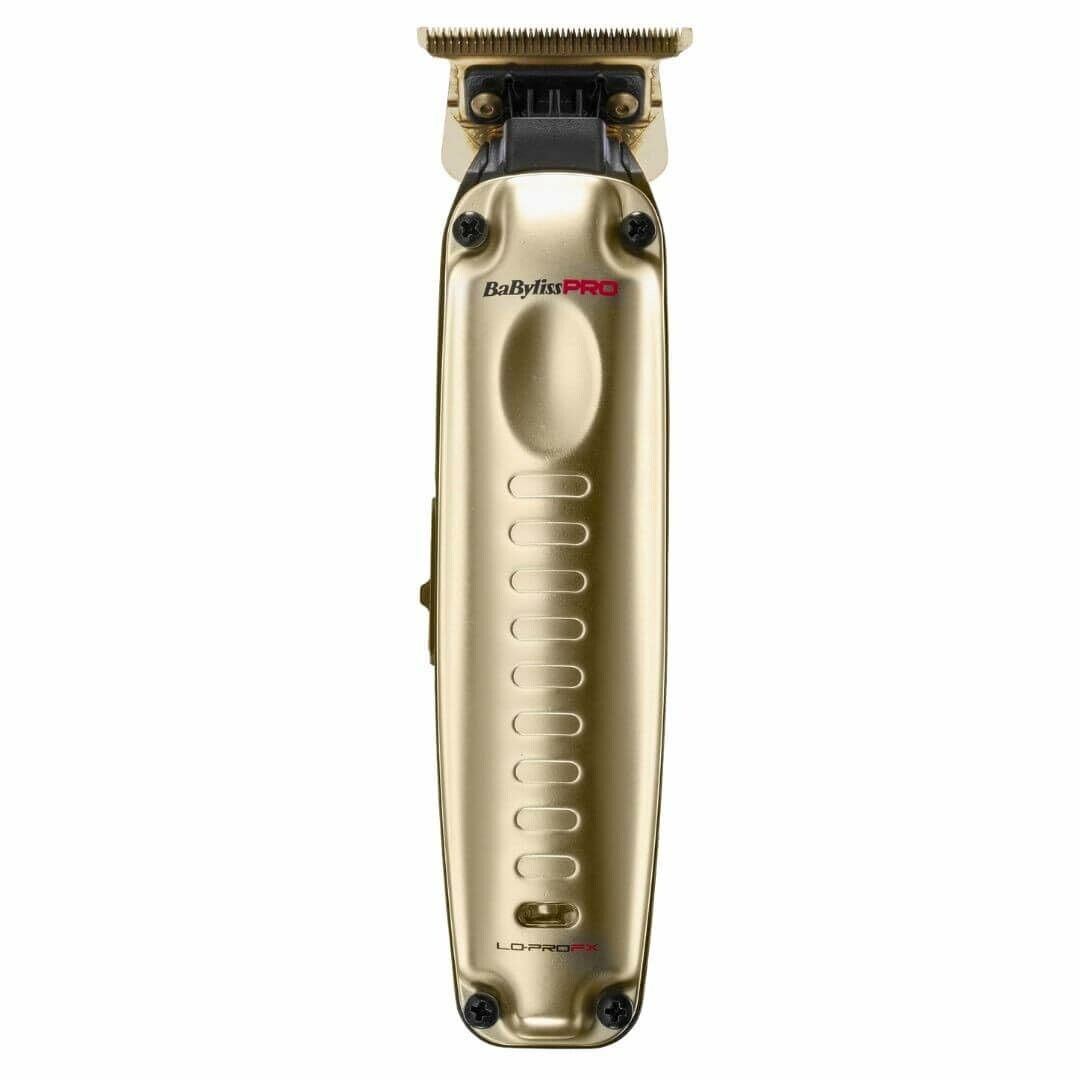 Goldfarbene Haarschneidemaschine. Schwarzer Kopf, goldener Korpus mit Logo. LED PROFX Schriftzug.