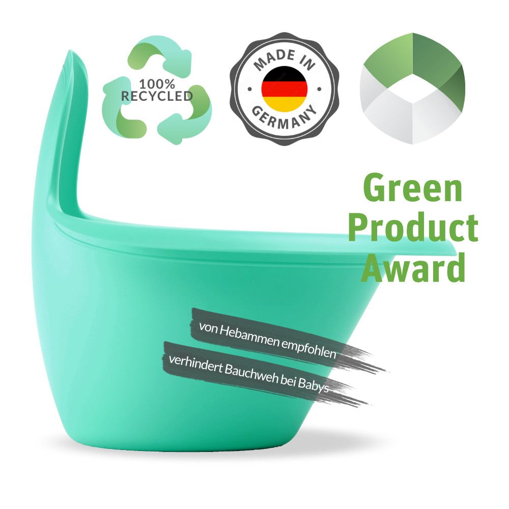Grünes Töpfchen mit Griff. Logos: 100% recycelt, Made in Germany, Green Product Award. Text: von Hebammen empfohlen.