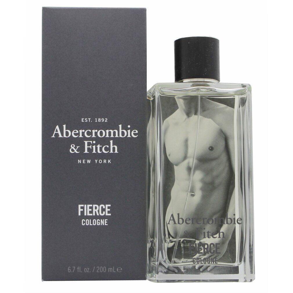 Flakon und Schachtel von Abercrombie & Fitch Fierce Cologne. Rechteckiger Flakon mit schwarzem Verschluss. Schwarze Schachtel mit Logo.