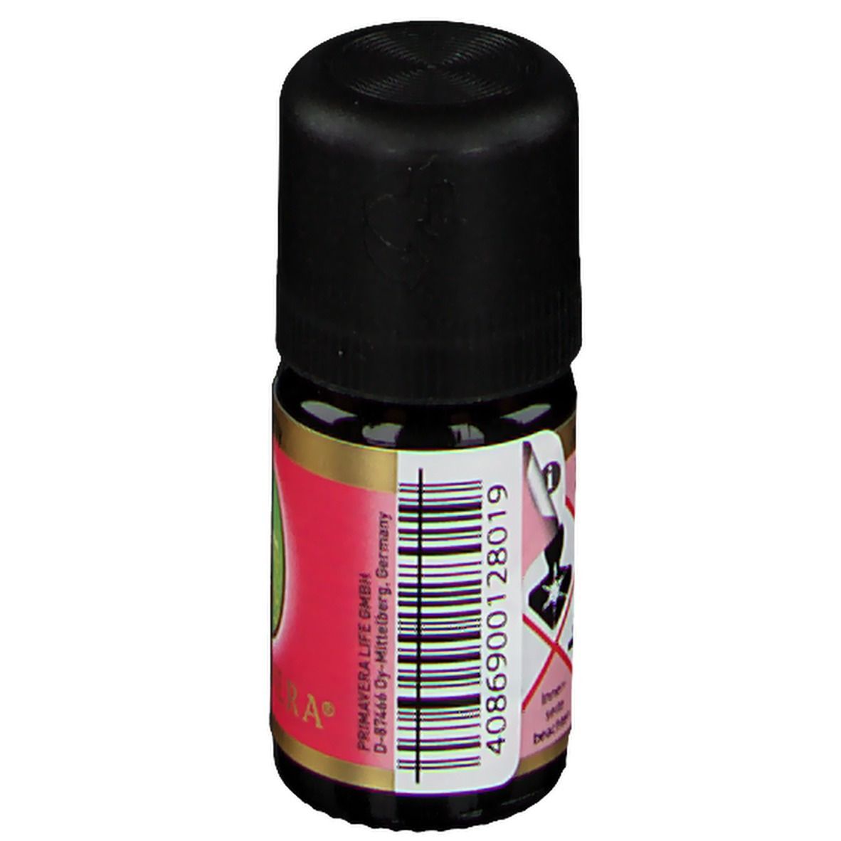 Kleine Glasflasche mit schwarzem Deckel. Rote Etikette mit Frau, Schriftzug Harmony und Primavera. Barcode.
