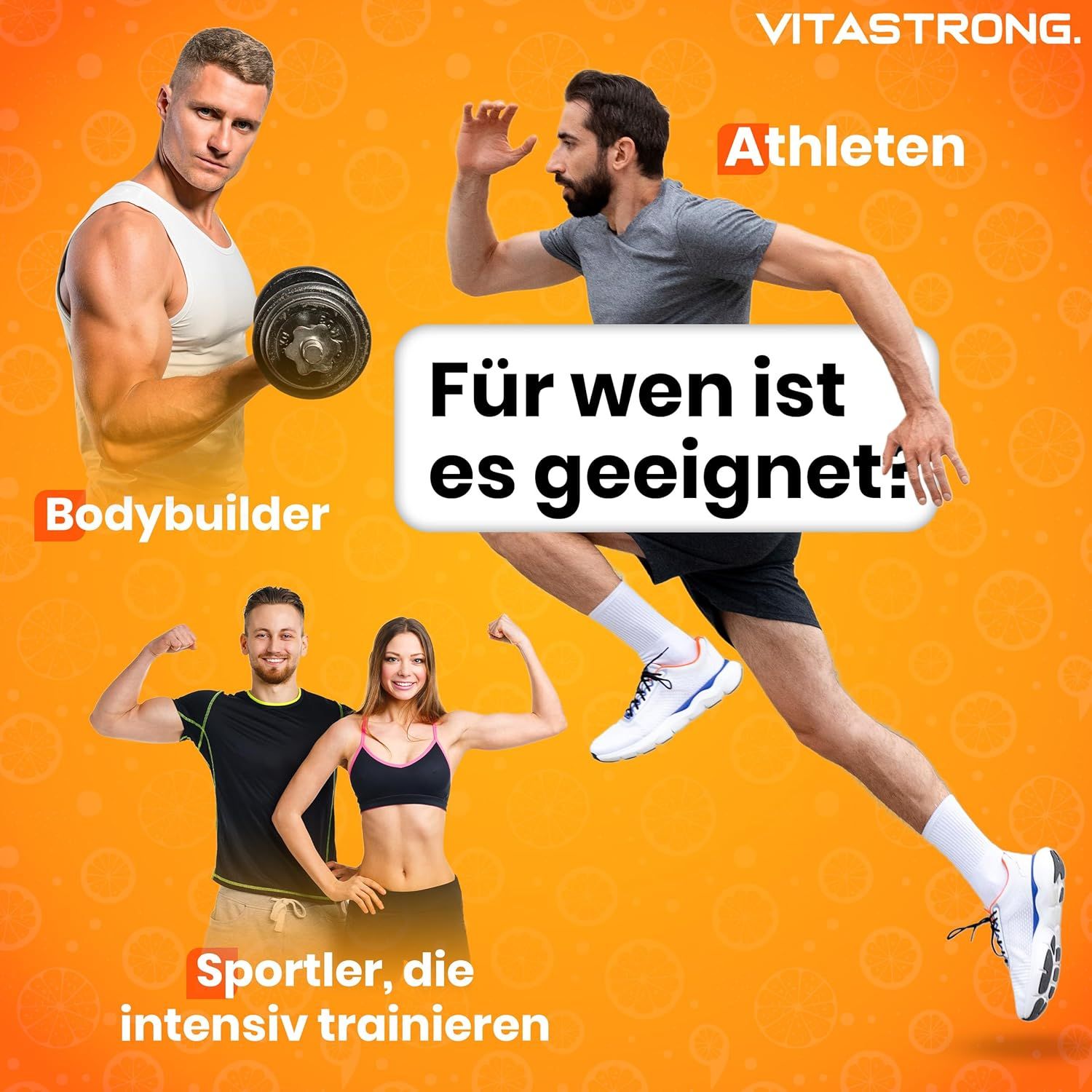Vitastrong EAA PRO Zitrone. Dose mit Pulver. Text: 9 essentielle Aminosäuren. Klare und vollständige Etikette.