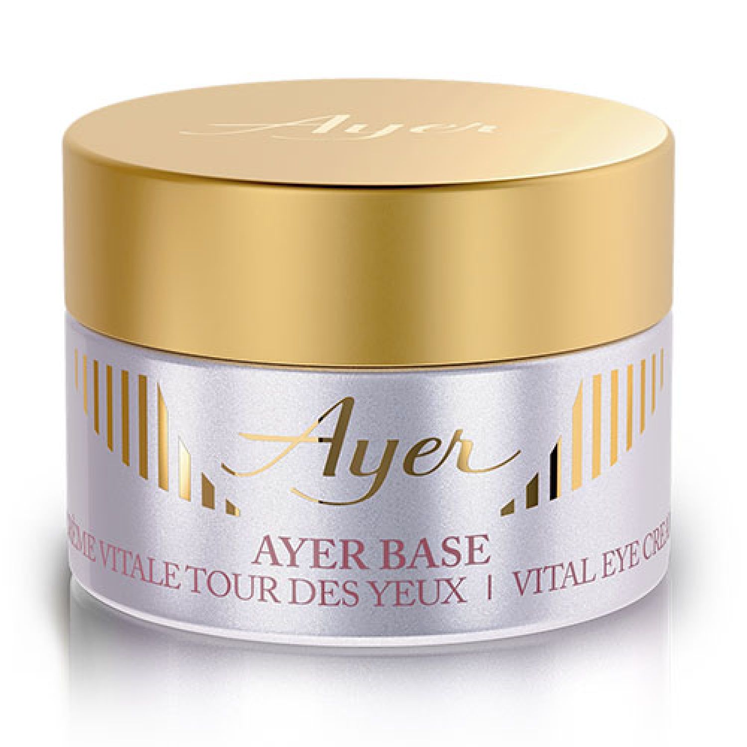 Cremebehälter mit goldenem Deckel. Aufschrift "Ayer", "Ayer Base", "Crème Vitale Tour des Yeux" und "Vital Eye Cream".