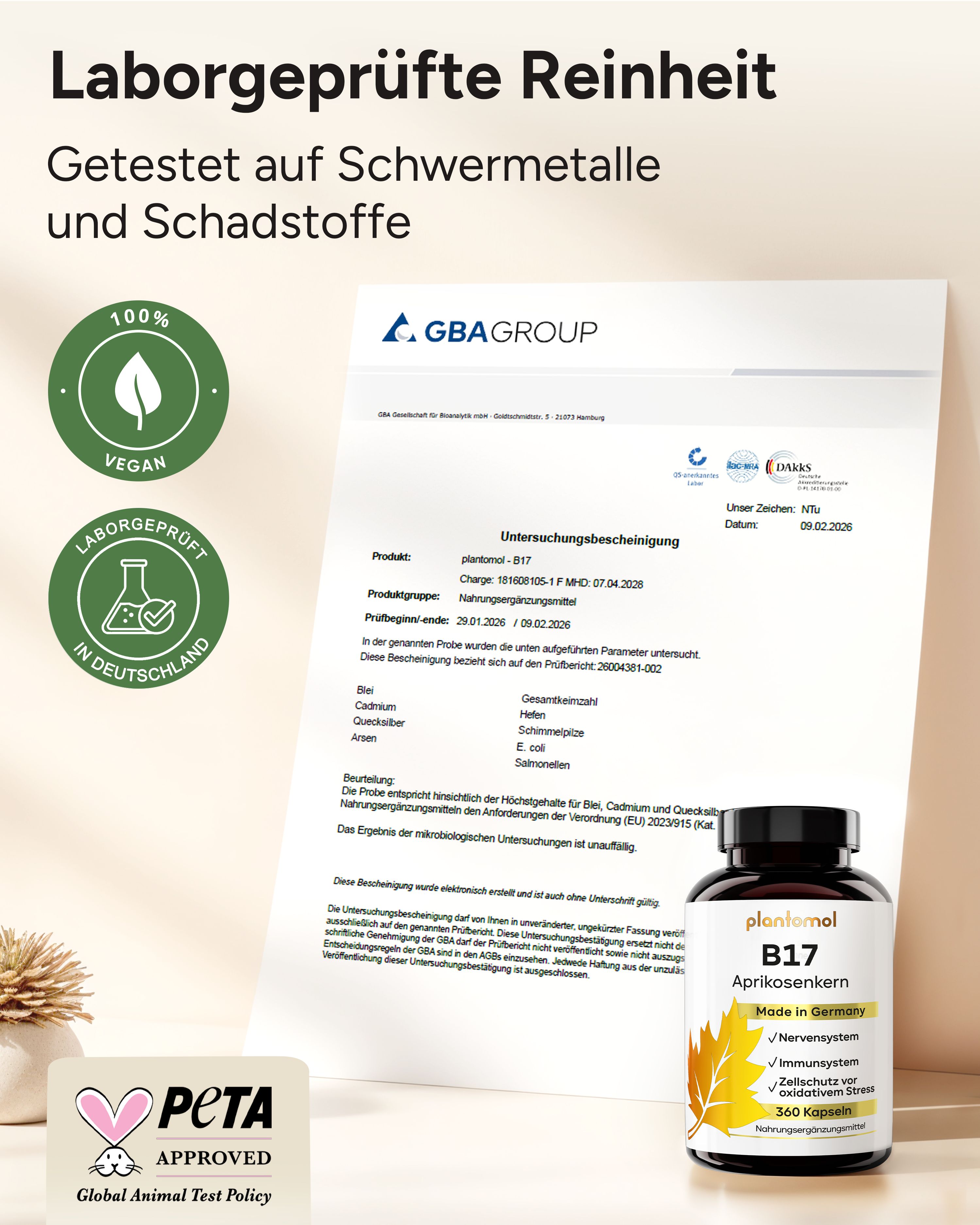 Zertifizierungsdokumente und Flasche. Aufschrift: plantomol B17 Aprikosenkern. Vegan, Laborgeprüft in Deutschland, PETA-Approved. Getestet auf Schwermetalle und Schadstoffe.