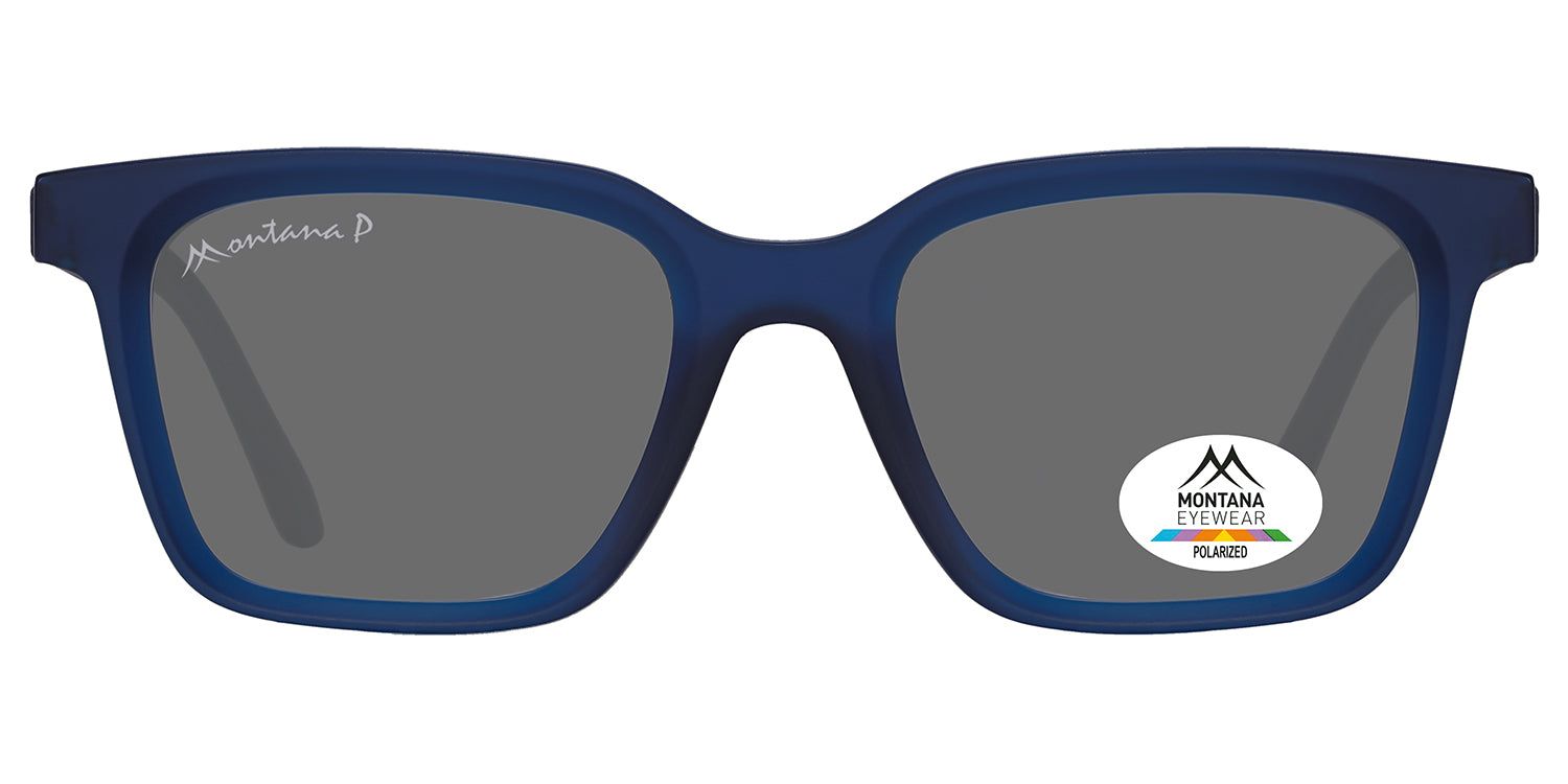 Blaue Sonnenbrille mit grauen Gläsern. Auf dem rechten Glas befindet sich ein Aufkleber mit dem Logo von Montana Eyewear.