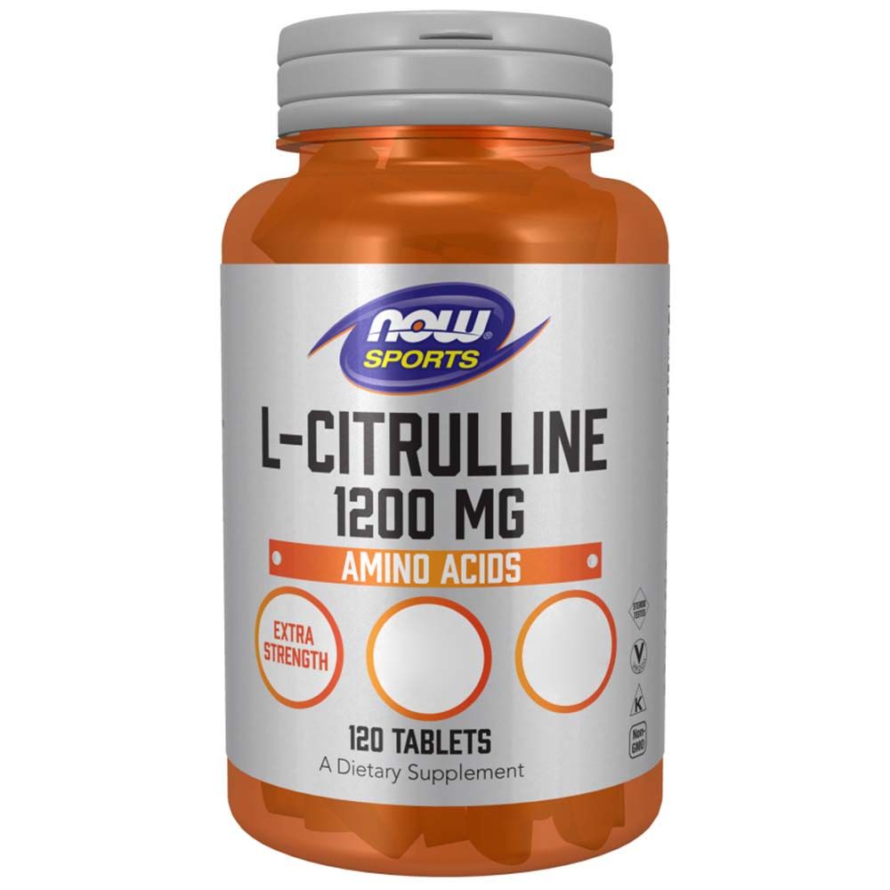 Orangefarbene Flasche mit weißem Etikett. Aufschrift: L-Citrullin 1200mg, Now Sports. 120 Tabletten. Extra Stärke. Aminosäuren.