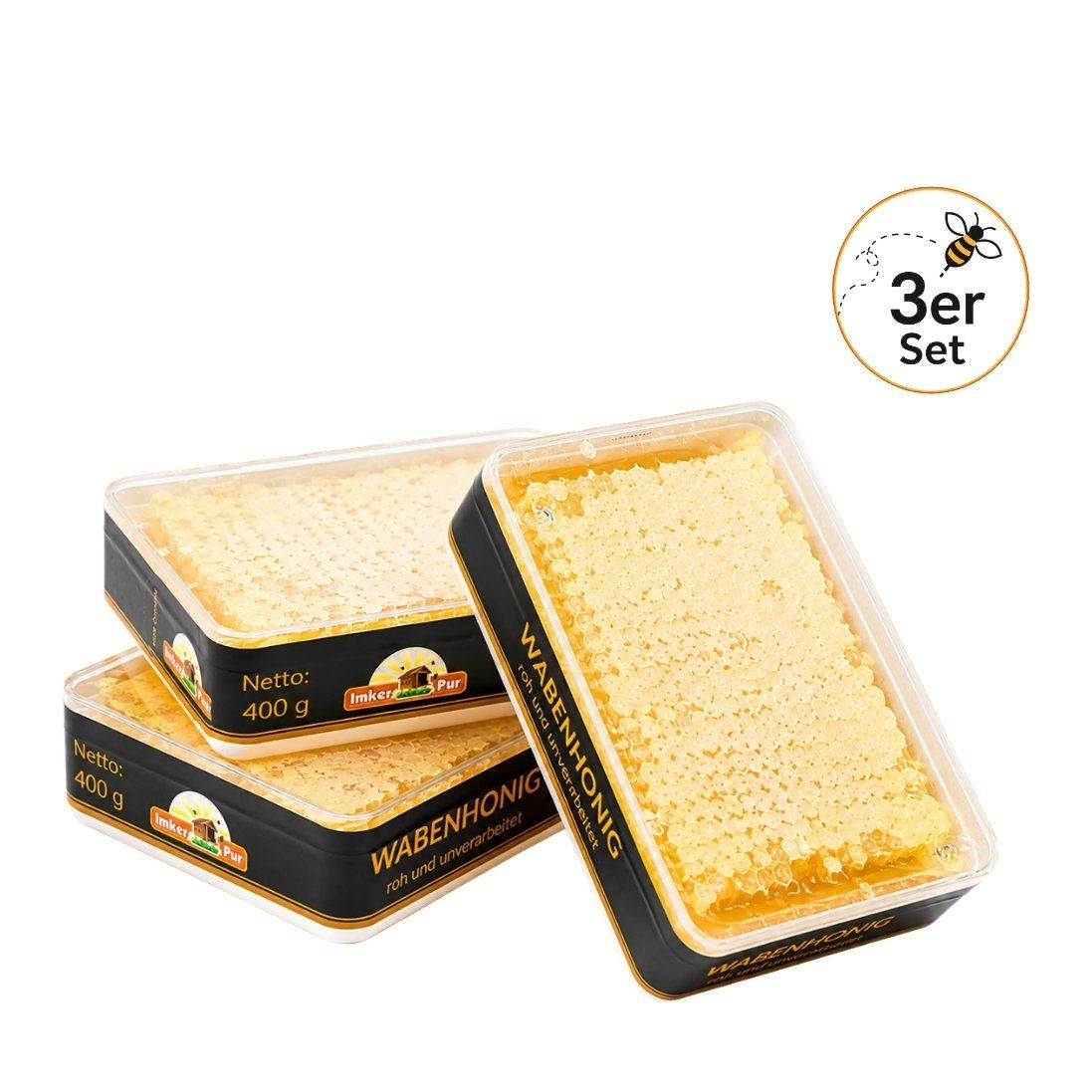 Dreier-Set ImkerPur Wabenhonig, je 400g, roh und unverarbeitet, in Kunststoffboxen.