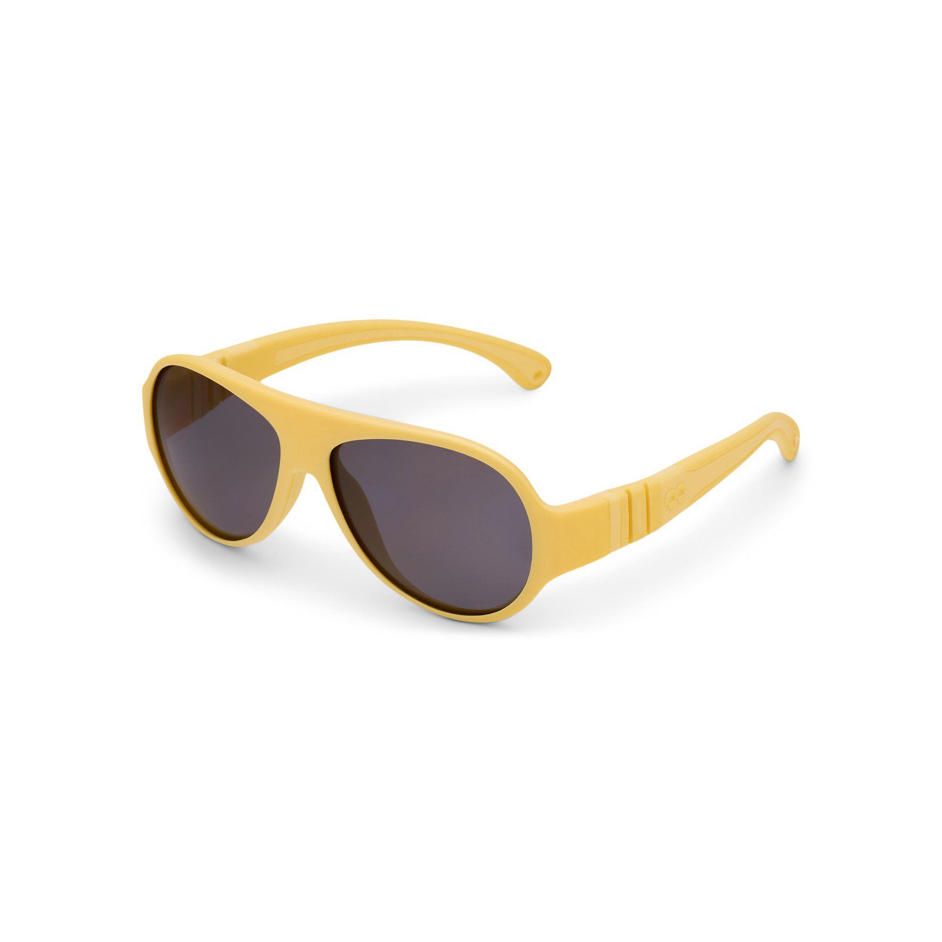 Gelbe Sonnenbrille mit dunklen Gläsern. Seitliche Ansicht.