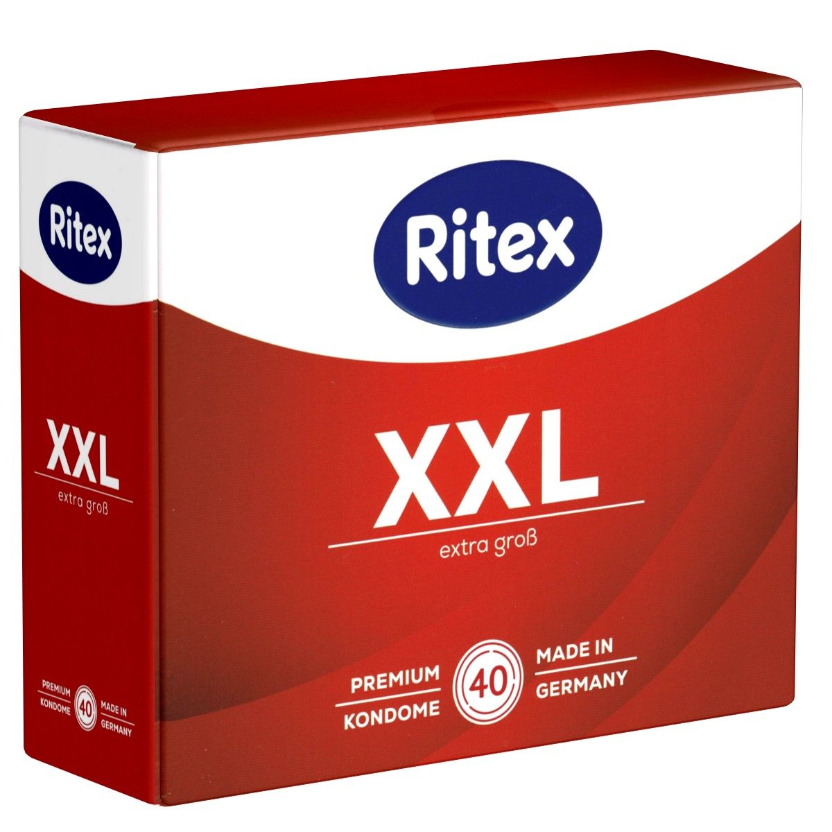 Verpackung von Ritex XXL Kondomen. Rote und weiße Schachtel mit Produktnamen, Größenangabe und Anzahl. Hergestellt in Deutschland.