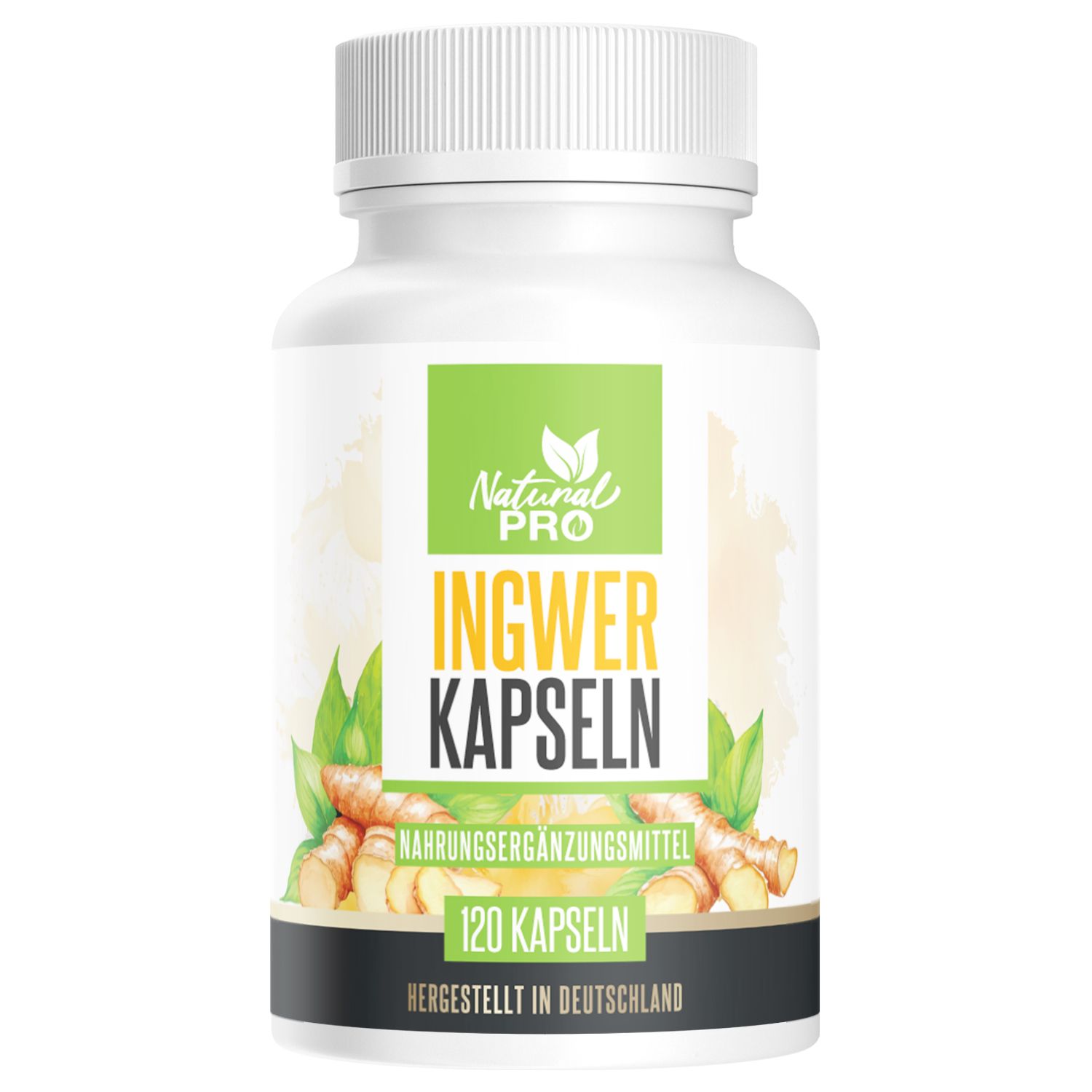 Weiße Flasche mit grünem Etikett. Aufschrift: Natural Pro Ingwer Kapseln. 120 Kapseln. Hergestellt in Deutschland. Abbildung von Ingwer.