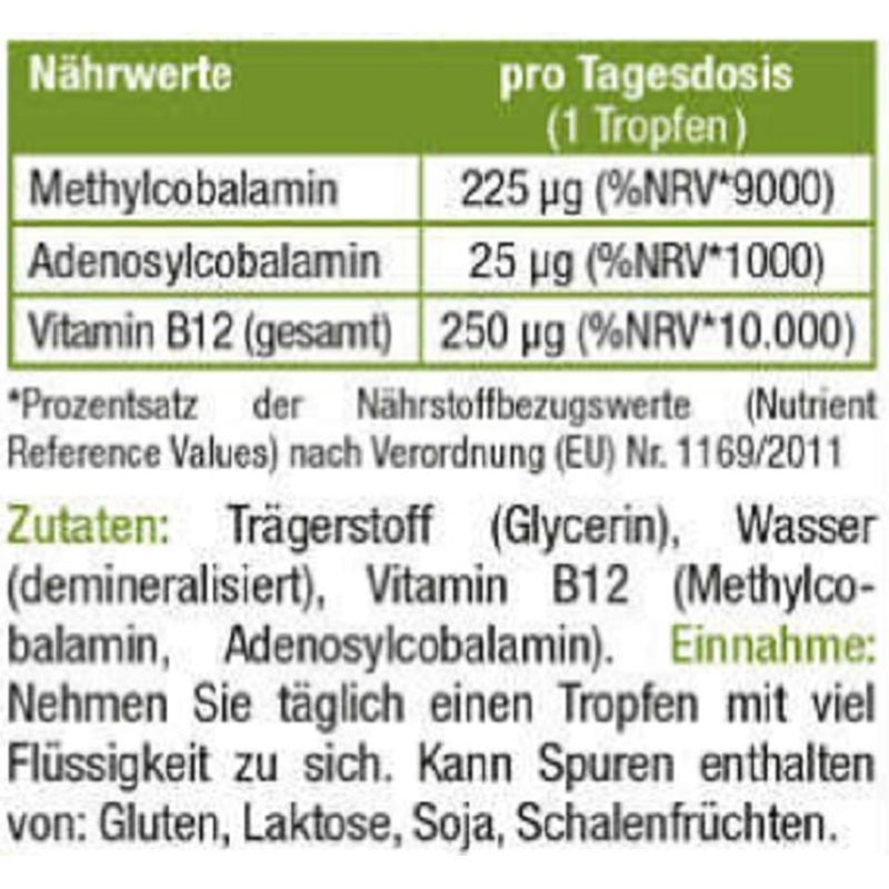 Tabellarische Auflistung von Nährwerten pro Tagesdosis. Enthält Methylcobalamin, Adenosylcobalamin und Vitamin B12.