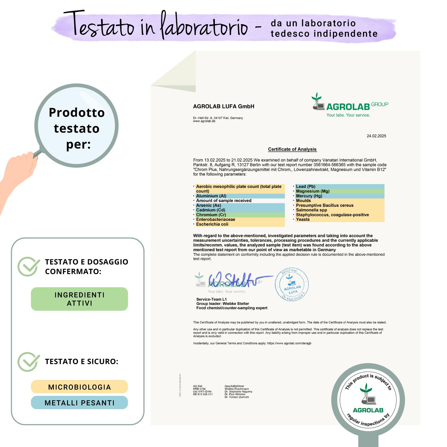 Certificato di laboratorio. Testo: Dosaggio e verifica confermati. Verificato e senza difetti: microbiologia, metalli pesanti. Logo Agrolab.