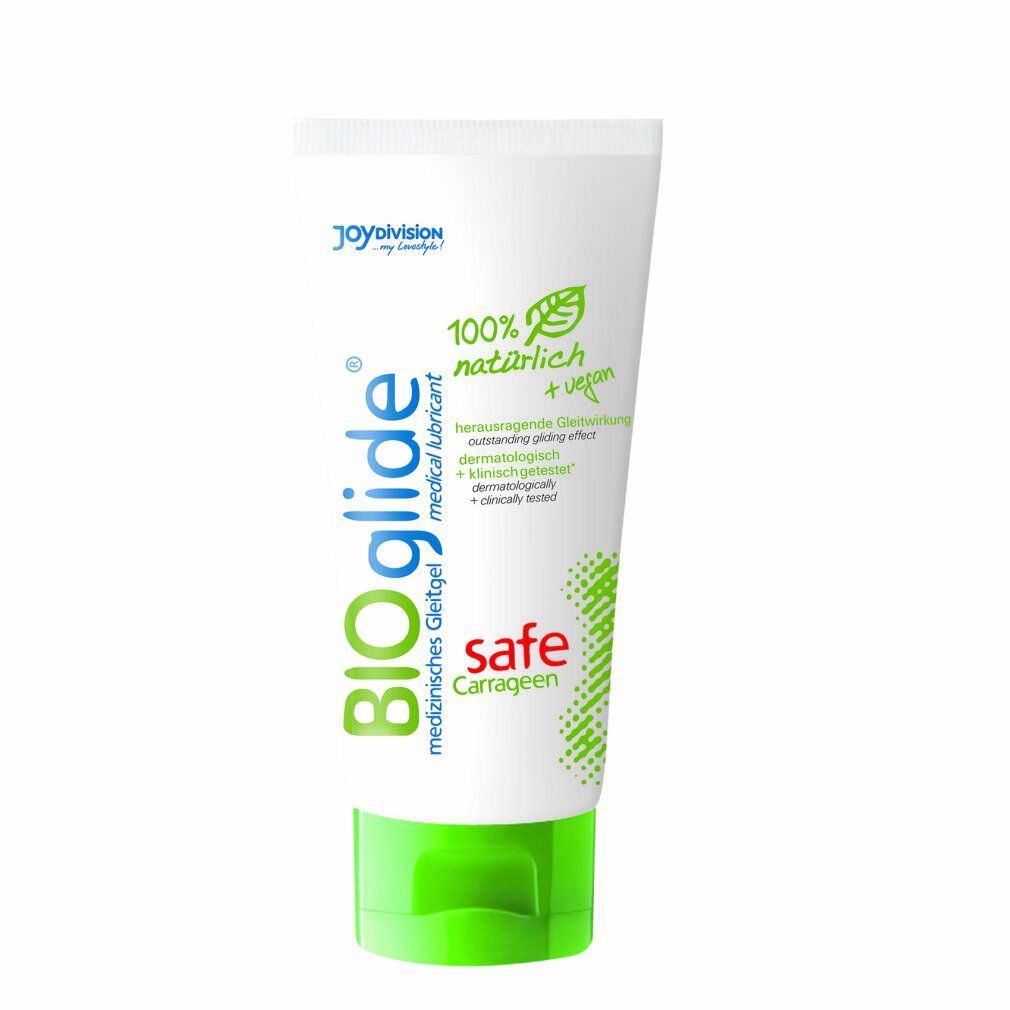 Weiße Tube mit grüner Kappe. Aufschrift BIOglide, safe, 100% natürlich + vegan. Logo. Text in Deutsch.