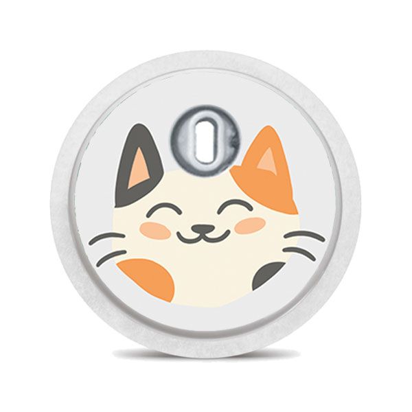 Runder Aufkleber mit einer orangefarbenen Katze, die lacht und Zähne zeigt.