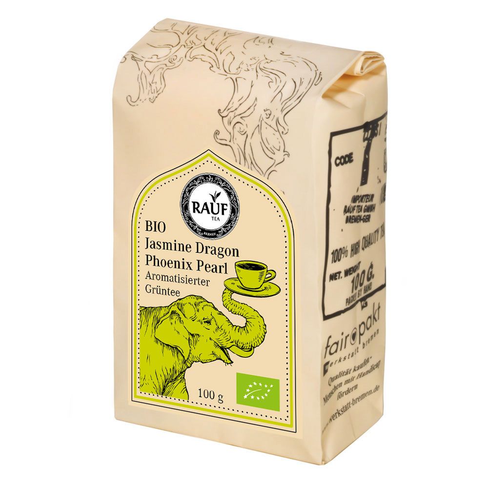 Beutel Rauf Tee, Bio Jasmine Dragon Phoenix Pearl, 100g. Grüntee mit Elefanten-Illustration und Logo.