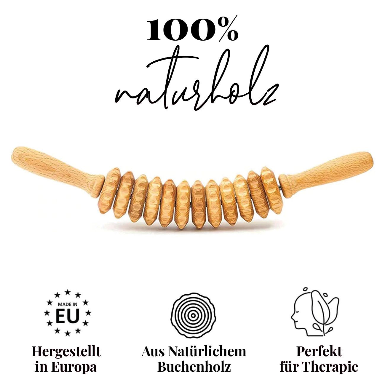 tuuli Anti Cellulite Roller mit Griff Massagegerät aus Holz Massageroller für Maderotherapie