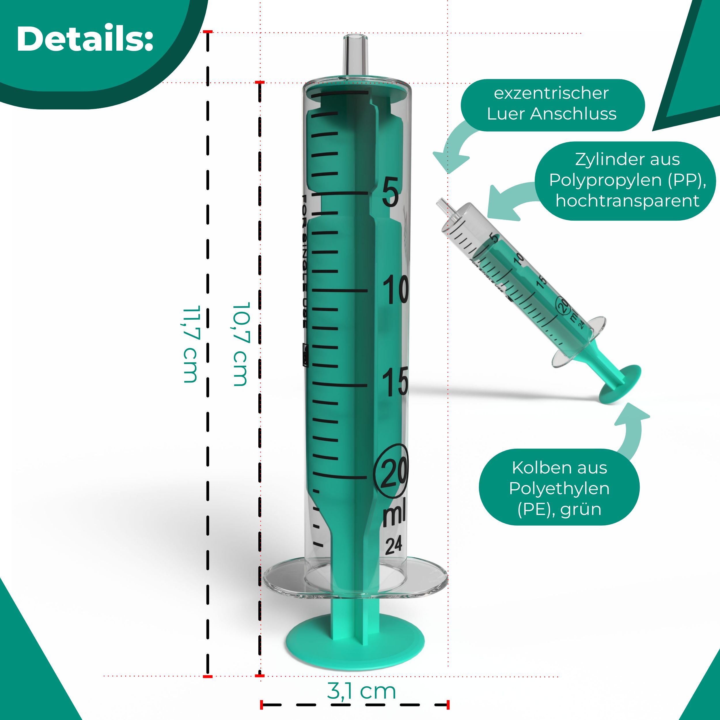 Detaillierte Ansicht einer grünen Einmalspritze, 20 ml. Maße: 11,7 cm hoch, 3,1 cm breit.