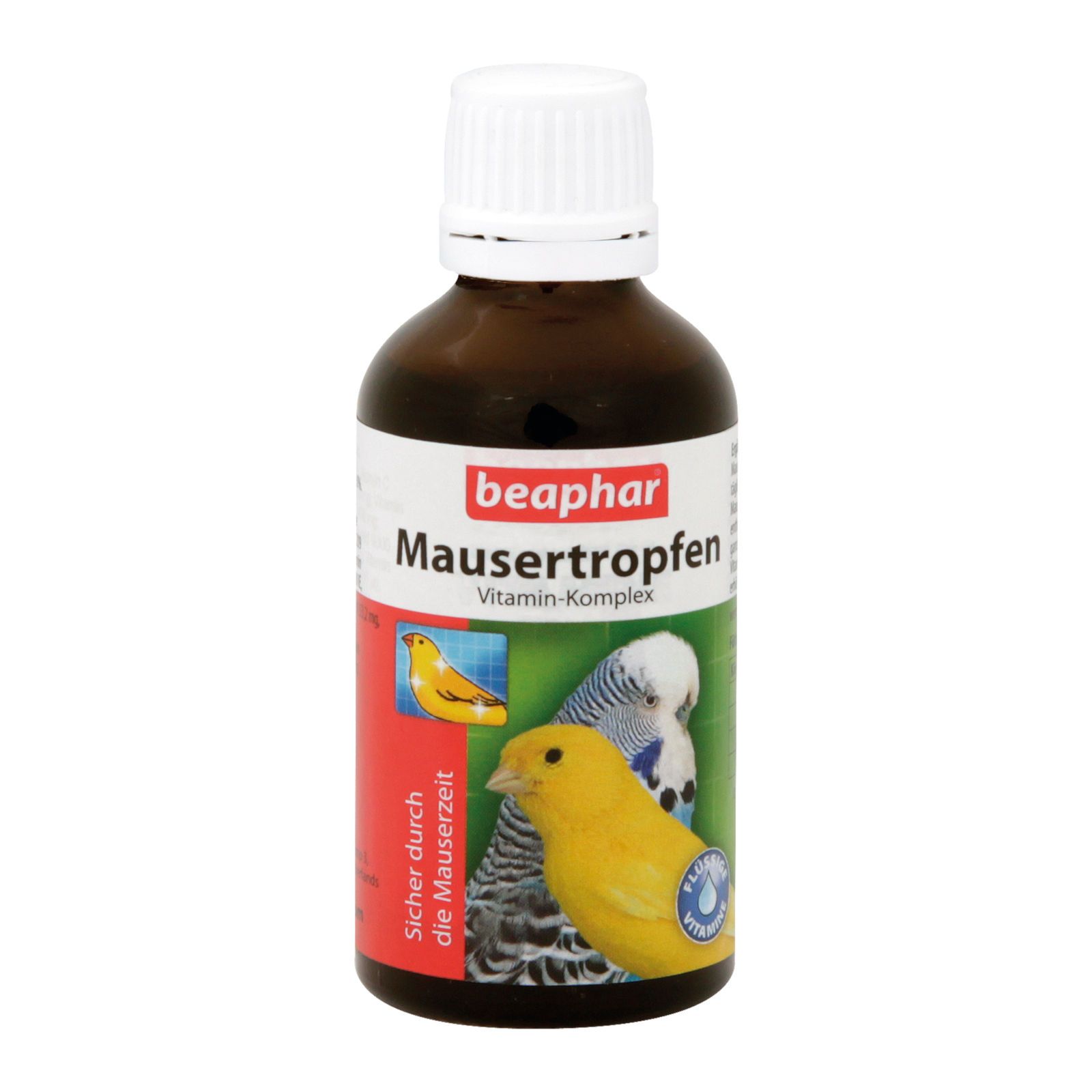Braune Flasche mit weißem Verschluss. Etikett mit Produktnamen, Vogelbildern und dem Markennamen Beaphar.