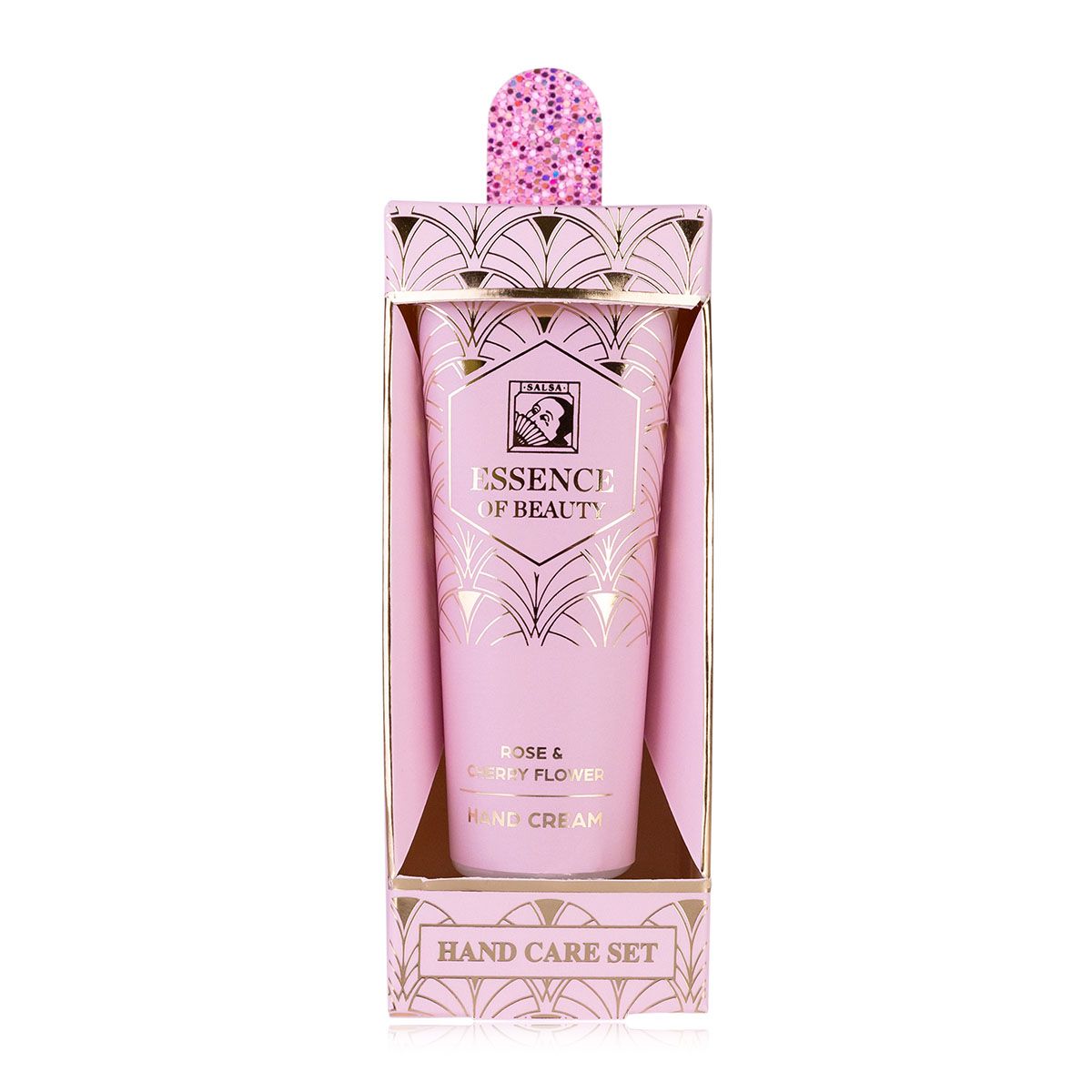 Ein rosa Handcreme-Set mit goldener Verzierung und einem rosa-glitzernden Verschluss.