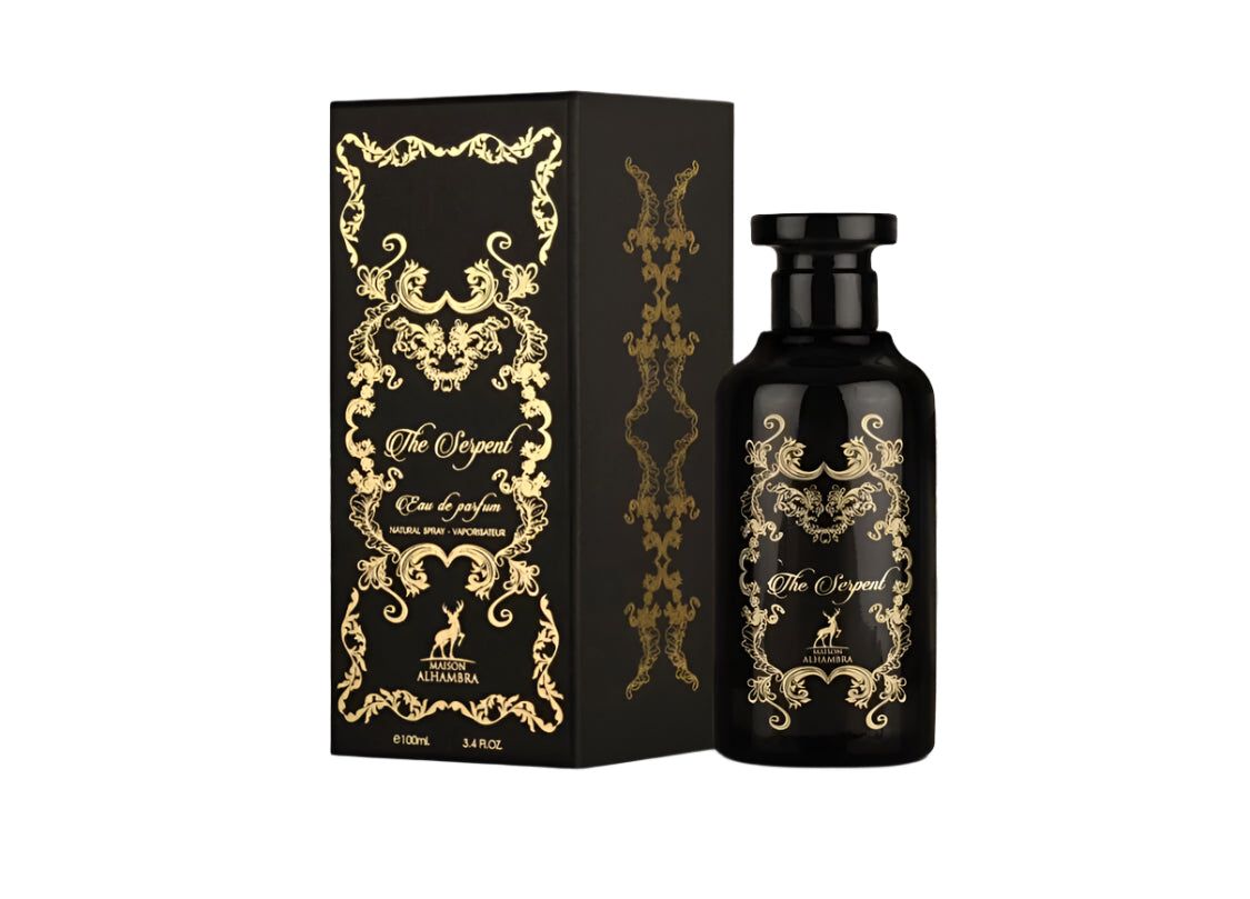 Schwarze Parfümflasche und Schachtel mit goldenen Verzierungen. Aufschrift „The Serpent“ und „Alhambra“.