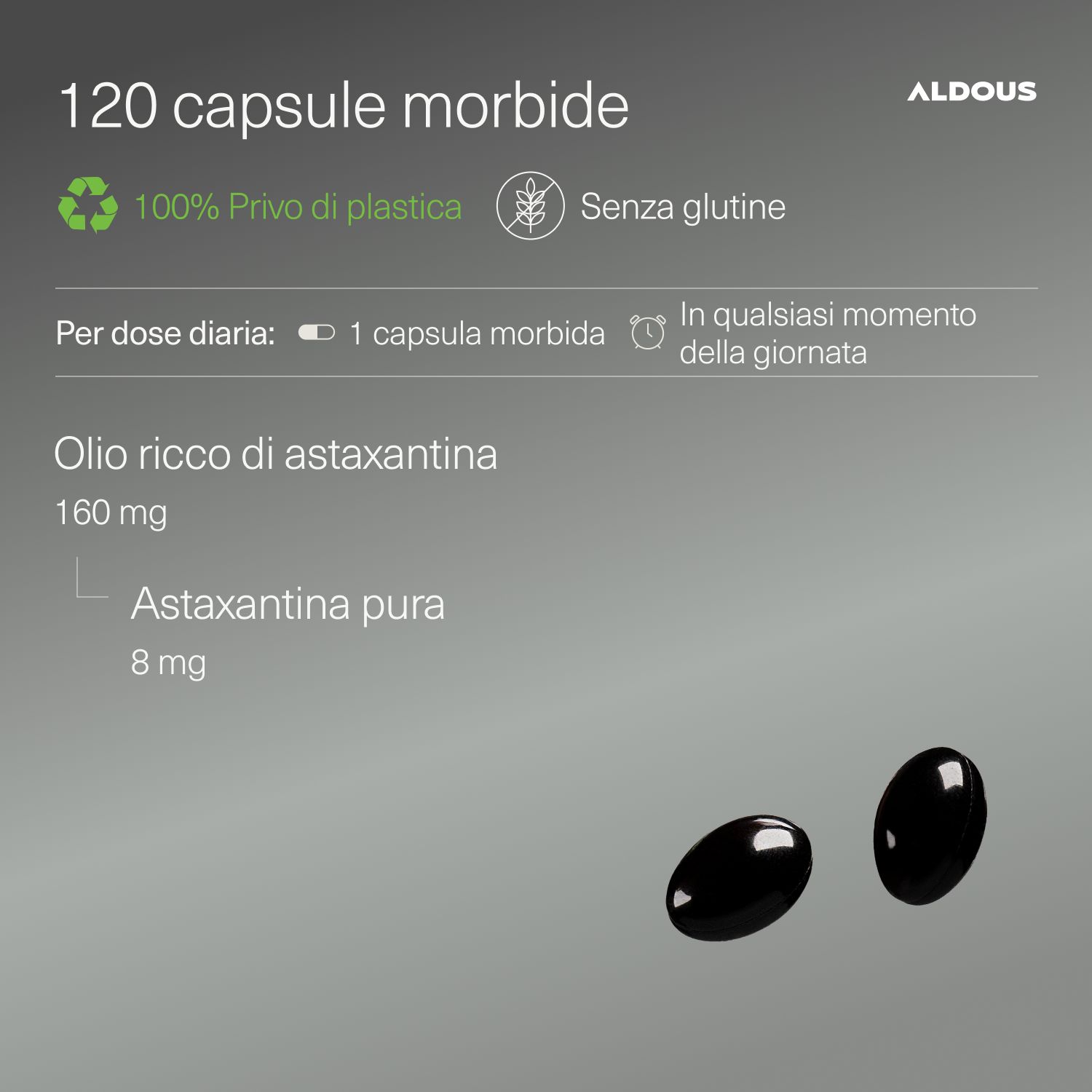 120 weiche Aldous Astaxanthine Kapseln. Plastikfrei, glutenfrei.