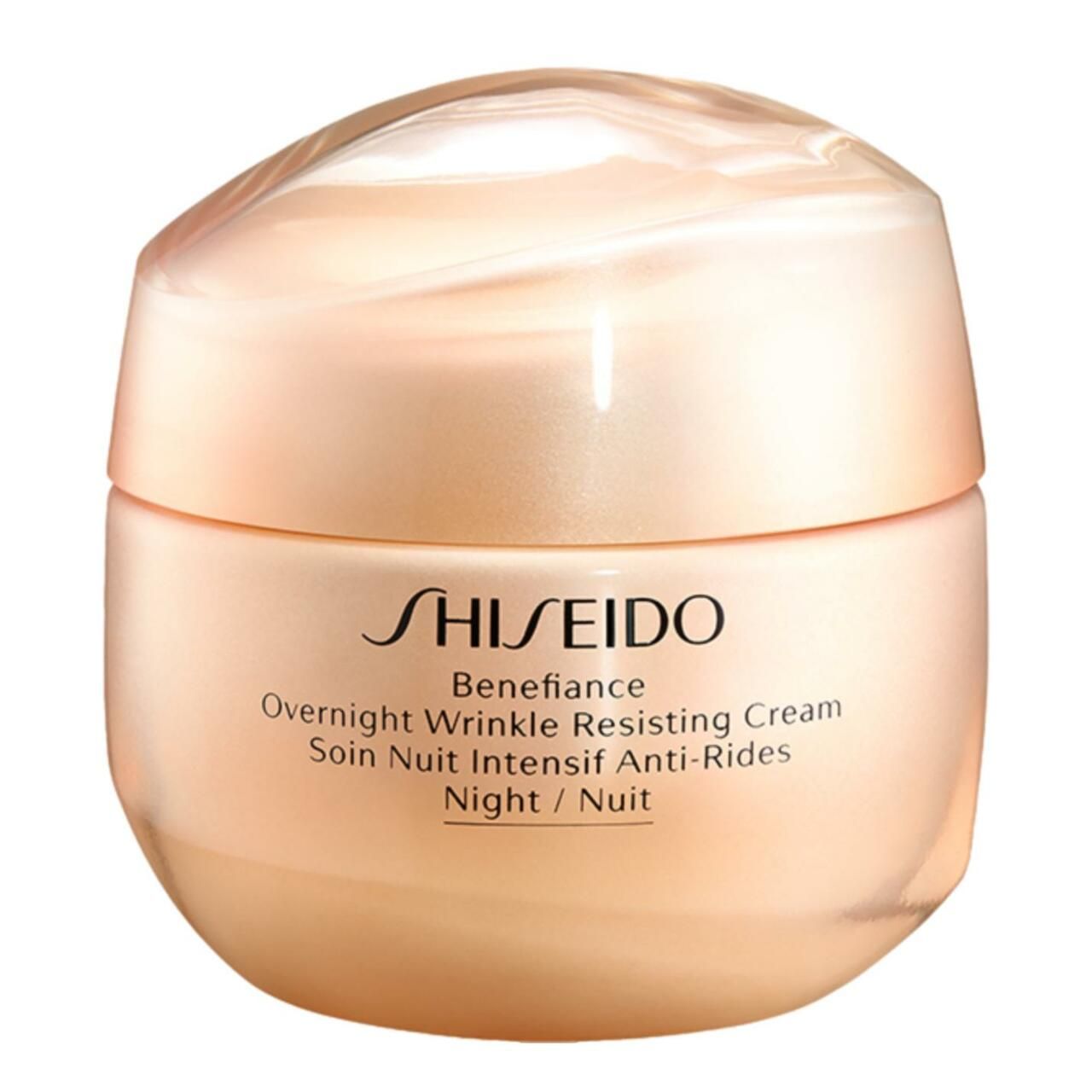Beige Creme-Tiegel. Aufschrift: SHISEIDO, Benefiance, Overnight Wrinkle Resisting Cream, Soin Nuit Intensif Anti-Rides, Night / Nuit.