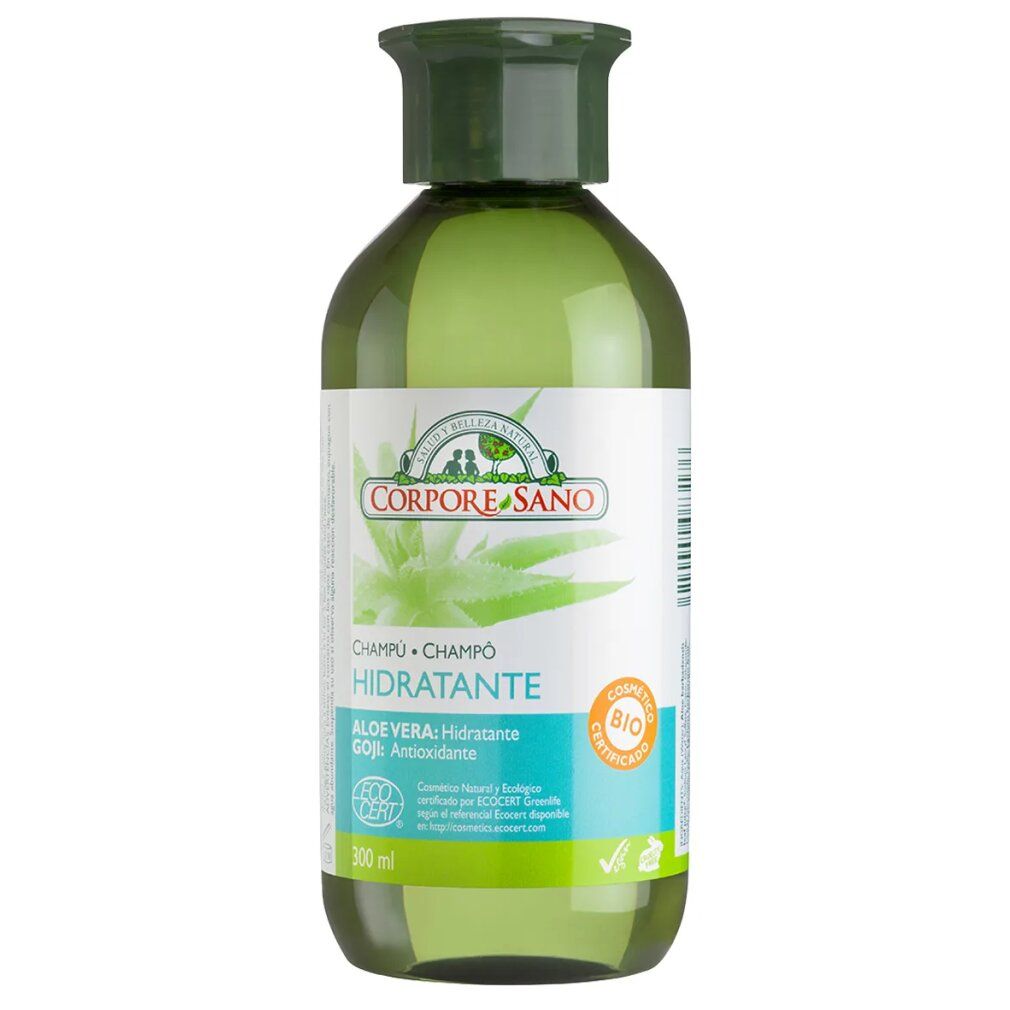Grüne Shampoo-Flasche mit weißem Etikett. Aufschrift: Corpore Sano, Champú Hidratante, Aloe Vera, Goji. Bio-Zertifizierung.