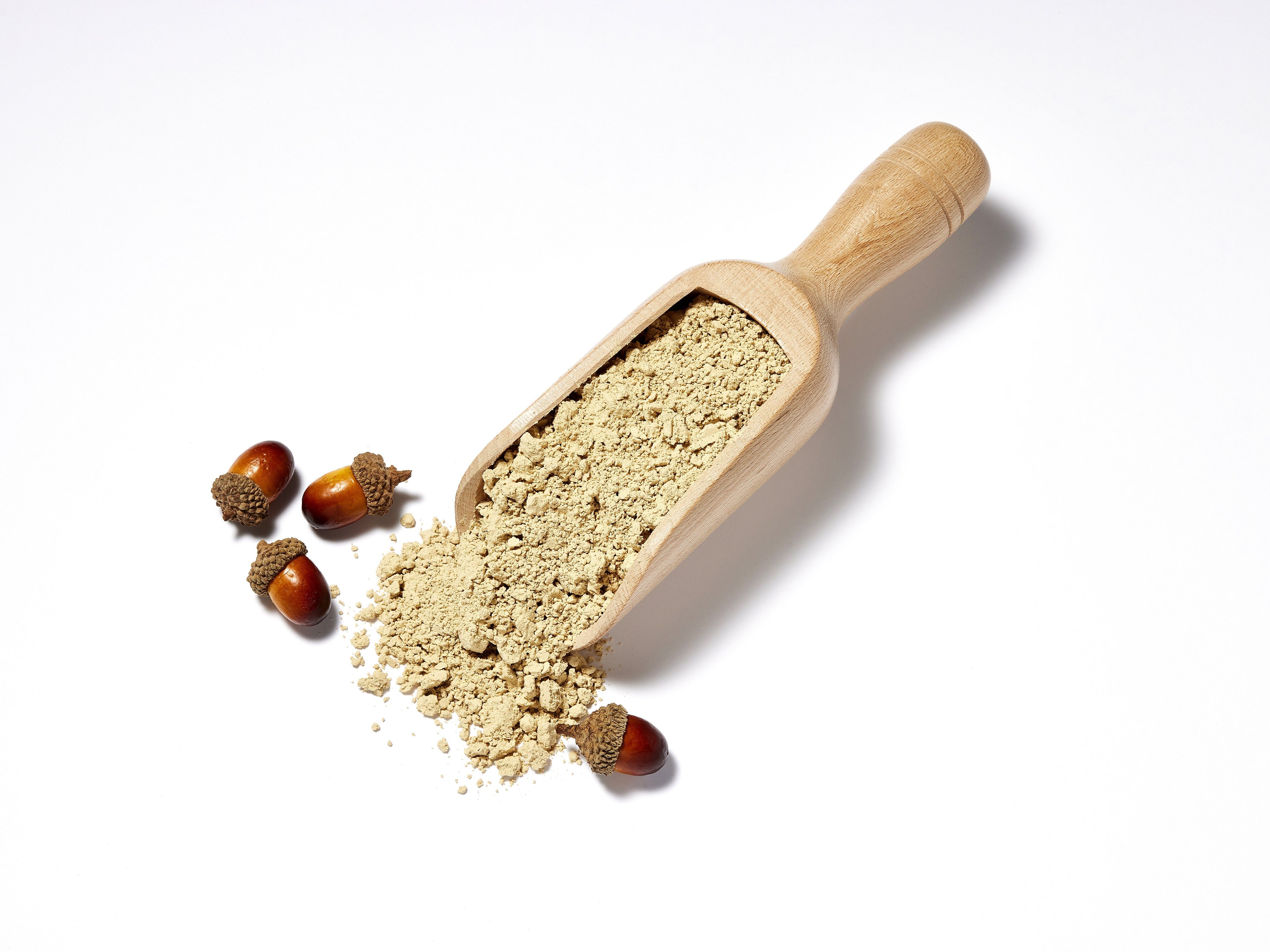 Holzlöffel mit braunem Pulver und Eicheln. Auf weißem Hintergrund.
