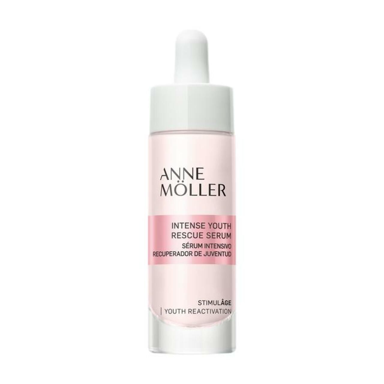 Serumflasche mit Pipette. Rosa Etikett mit Schriftzug: Intense Youth Rescue Serum. Marke: Anne Möller. Glasflasche.