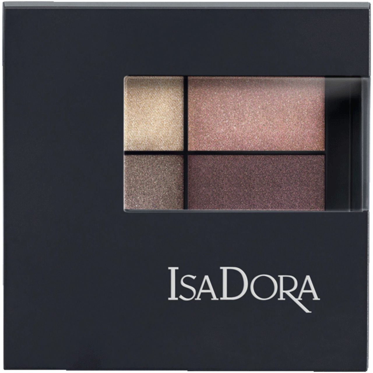 Eyeshadow-Quartett in schwarzer Verpackung. Vier Farbtöne sichtbar: Gold, Rosa, Braun und Lila. IsaDora-Logo.