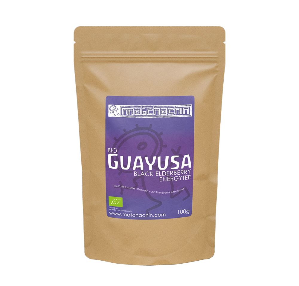 Braune Tüte mit lila Etikett. Logo: Matchachin. Text: BIO Guayusa Black Elderberry Energytee. Bio-Siegel. 100g.
