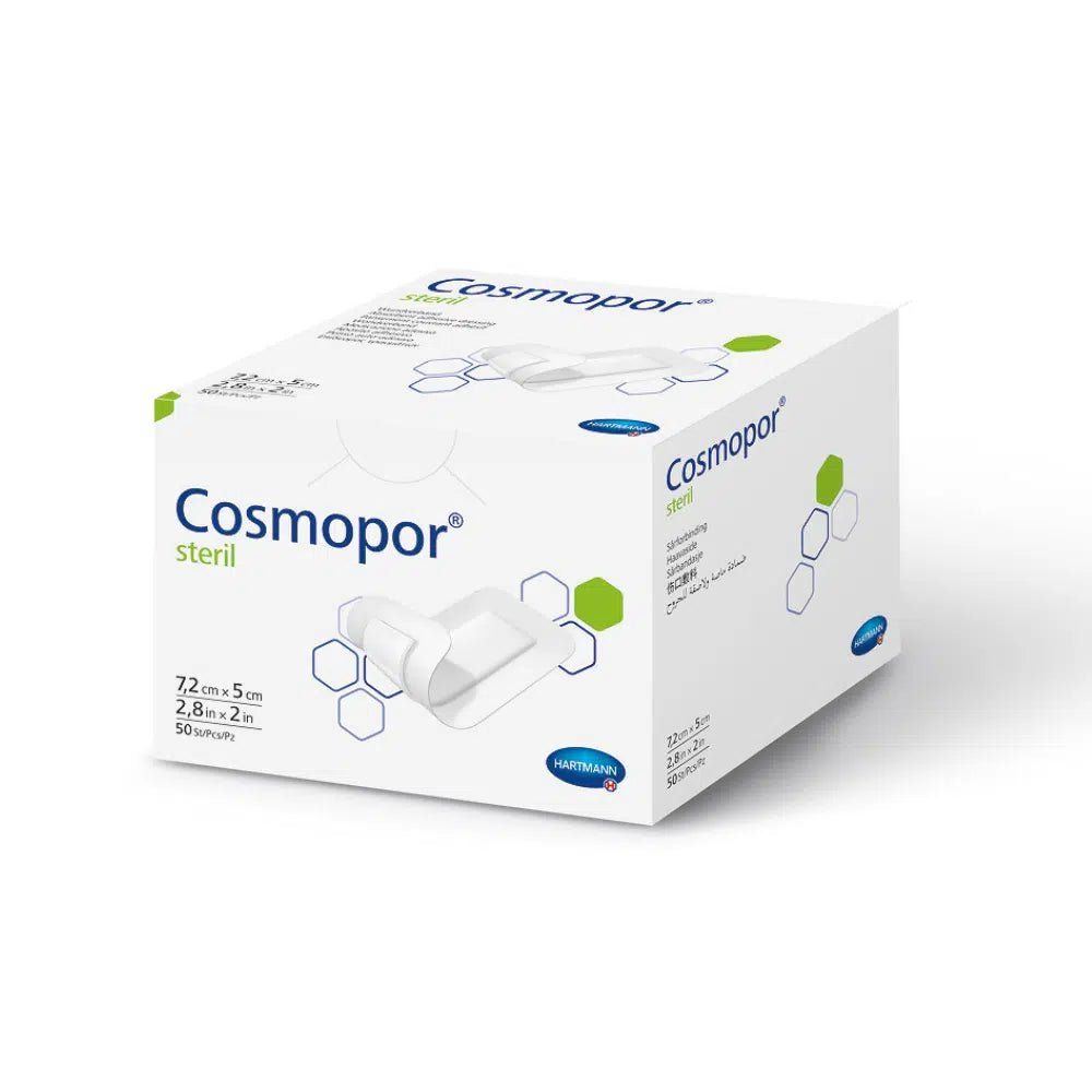 Verpackung Hartmann Cosmopor steril Wundauflagen, 7,2cm x 5cm.
