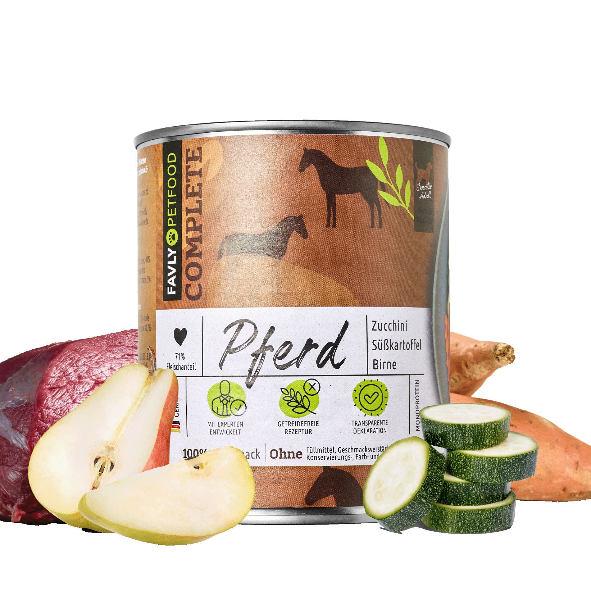Dose Pferd mit Zucchini, Süßkartoffel & Birne. Dose mit Zutaten: Birne, Zucchini, Süßkartoffel. Marke Favly Petfood.