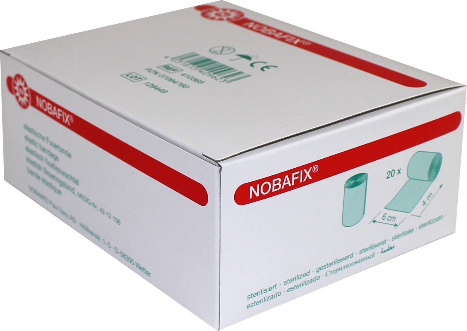 Weiße Kartonverpackung mit roter Schrift und Logo. Aufdruck: NOBAFIX, elastische Fixierbinde. Illustration der Binde, 4 m x 6 cm, 20 Stück.