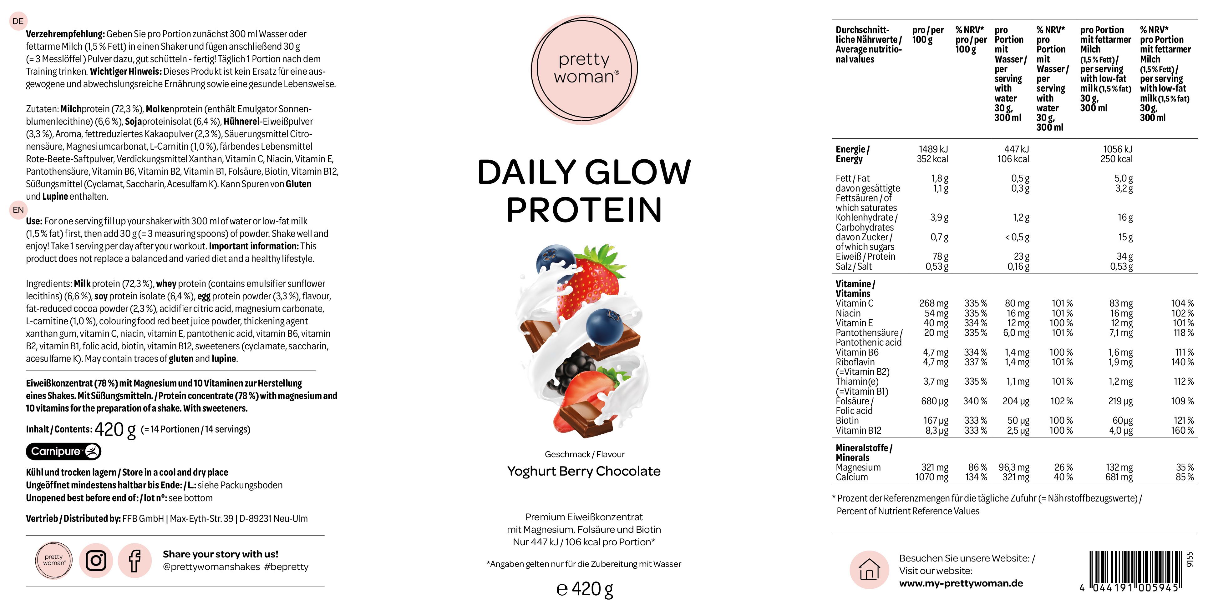 Produktetikett von Pretty Woman Daily Glow Protein. Text: Daily Glow Protein, Joghurt Berry Chocolate, 420g. Nährwertangaben.