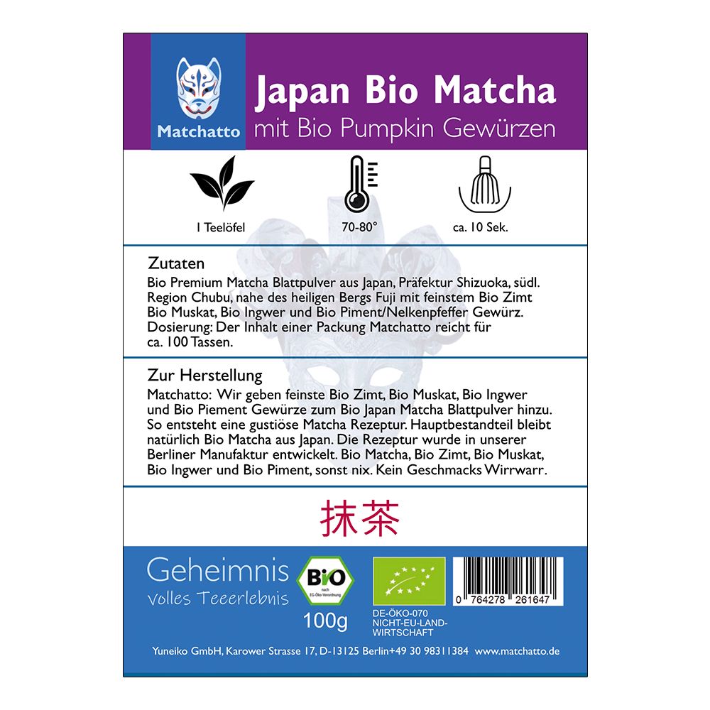 Rückseite der Matchatto Matcha Tee Pumpkin Spice Bio-Verpackung. Text und Zutatenliste. Bio-Siegel. 100g. Barcode.