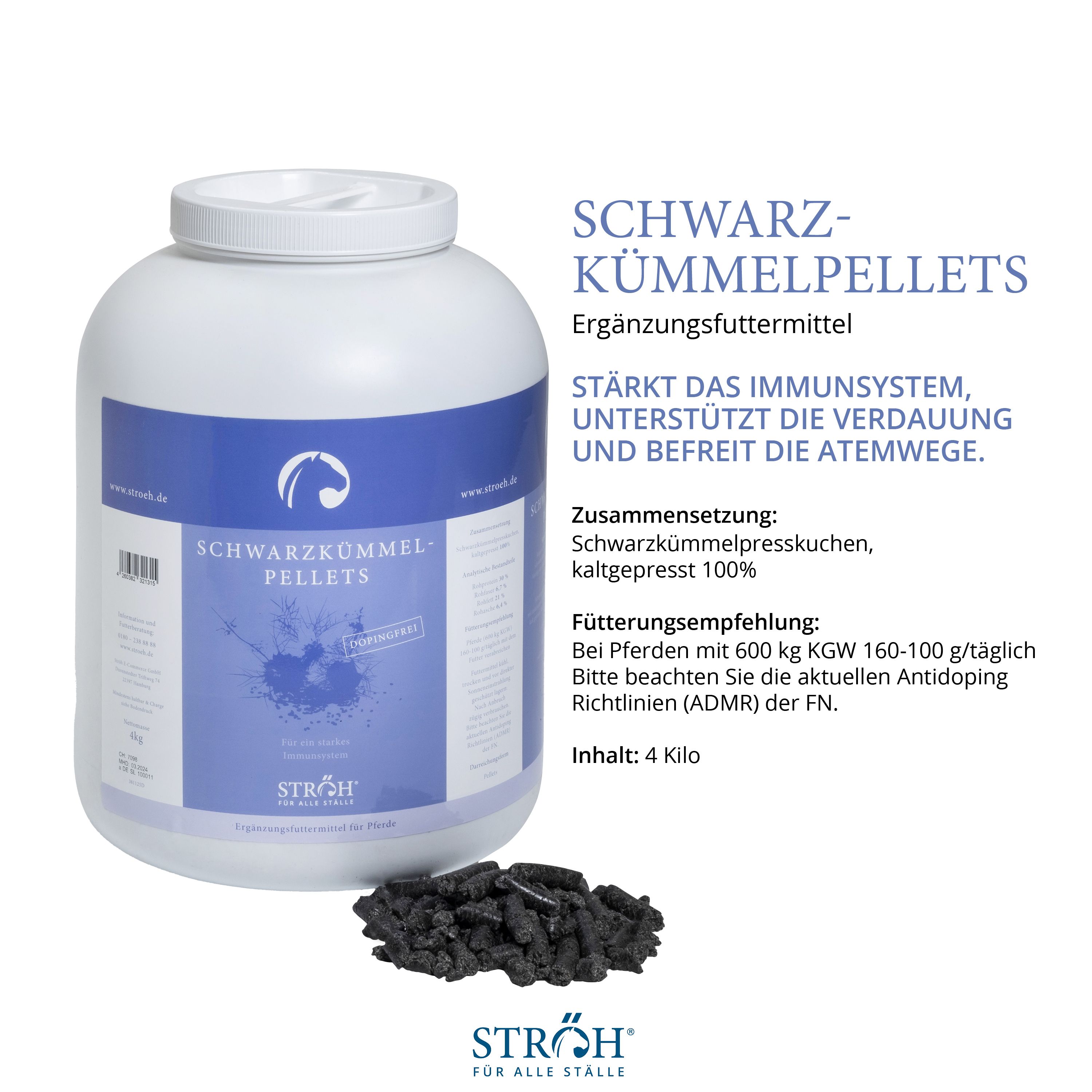 Weißer Behälter mit blauem Etikett, Aufschrift Schwarzkümmel-Pellets. Text: Ergänzungsfuttermittel. Marke STRÖH. Schwarze Pellets daneben.