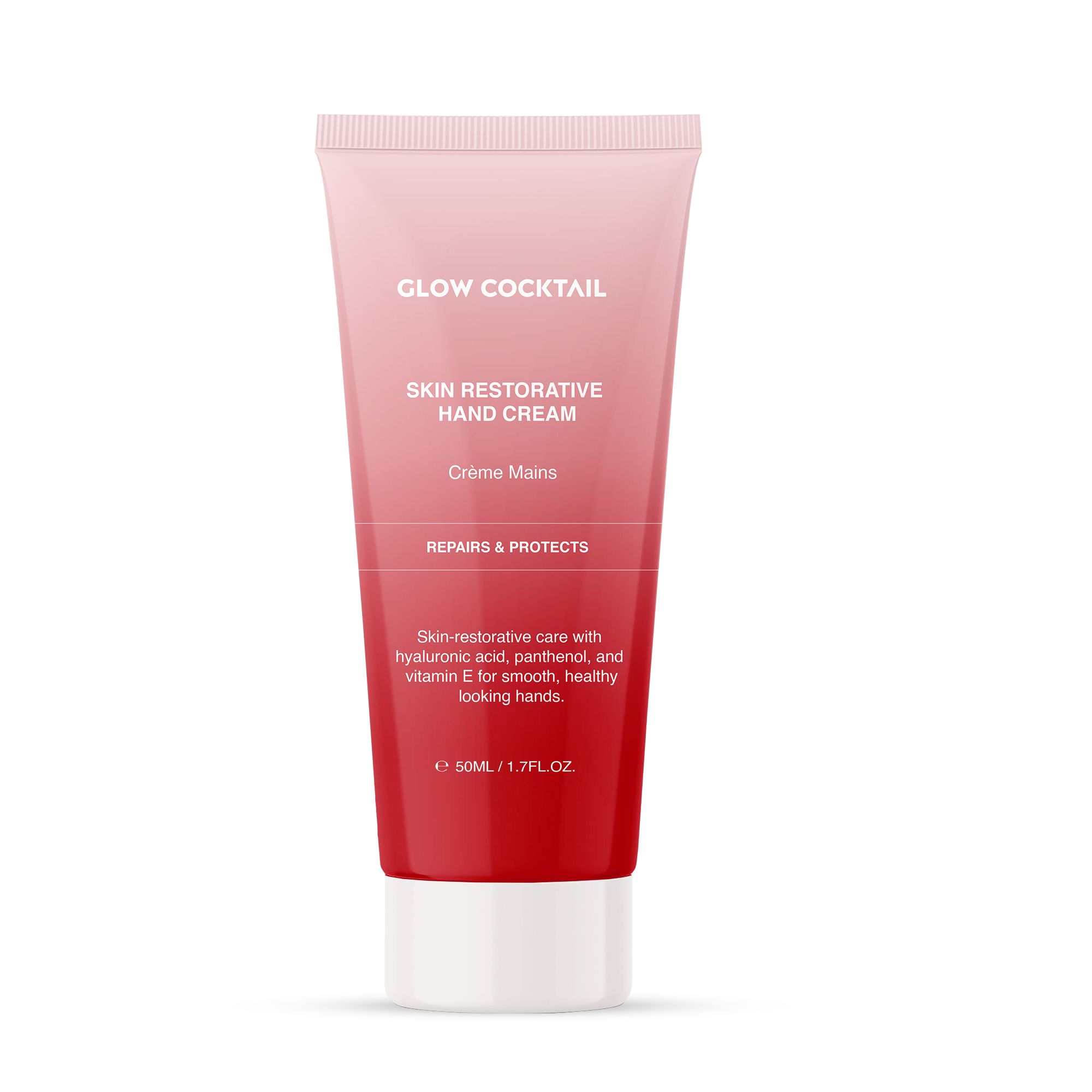 Hautregenerierende Handcreme in Tube. Farbverlauf von Rosa nach Rot. Text: Glow Cocktail, Skin Restorative Hand Cream, Crème Mains.