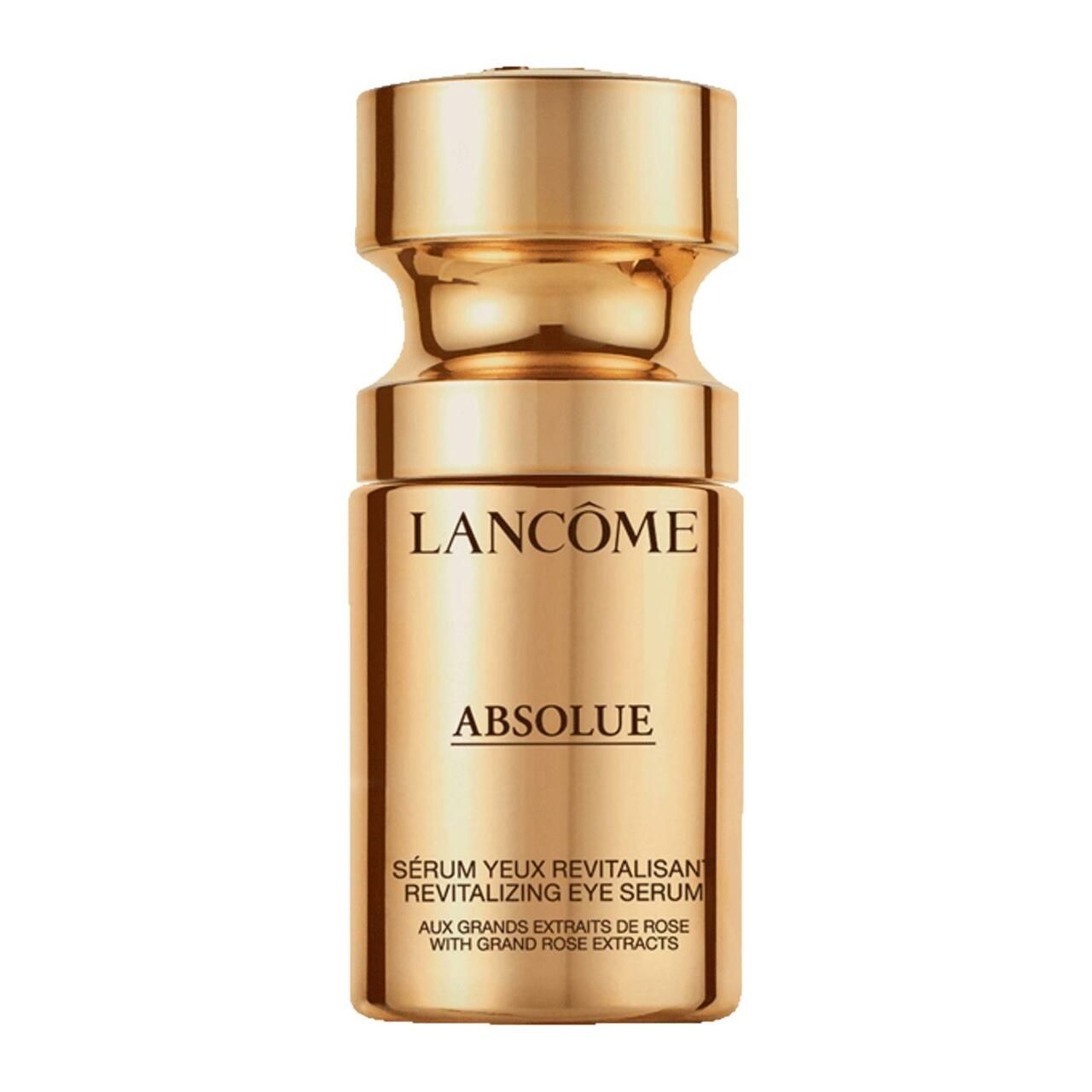 Goldfarbenes Serumfläschchen. Aufschrift: Lancôme, Absolue, Sérum Yeux Revitalisant. Mit großem Rosenauszug.