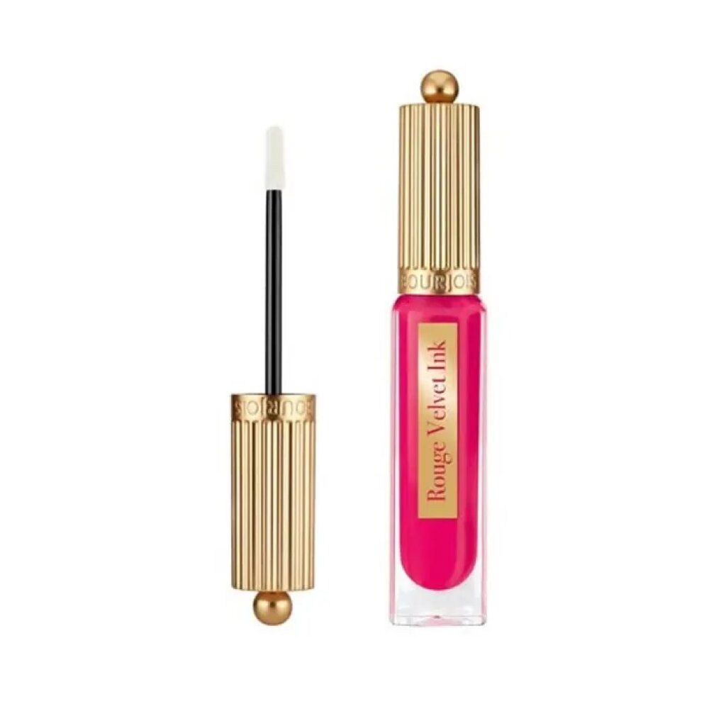 Lippenstift mit goldfarbener Kappe und Applikator. Aufschrift: Rouge Velvet Ink. Fuchsia-farbene Flüssigkeit sichtbar.