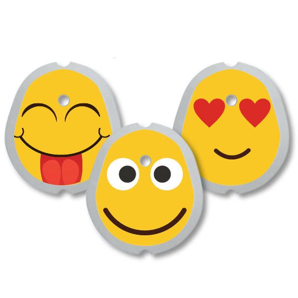 Drei gelbe Aufkleber mit Emoji-Gesichtern. Jedes hat eine andere Mimik: Zunge, Augen mit Herzchen, lächelnd. Grauer Rand.