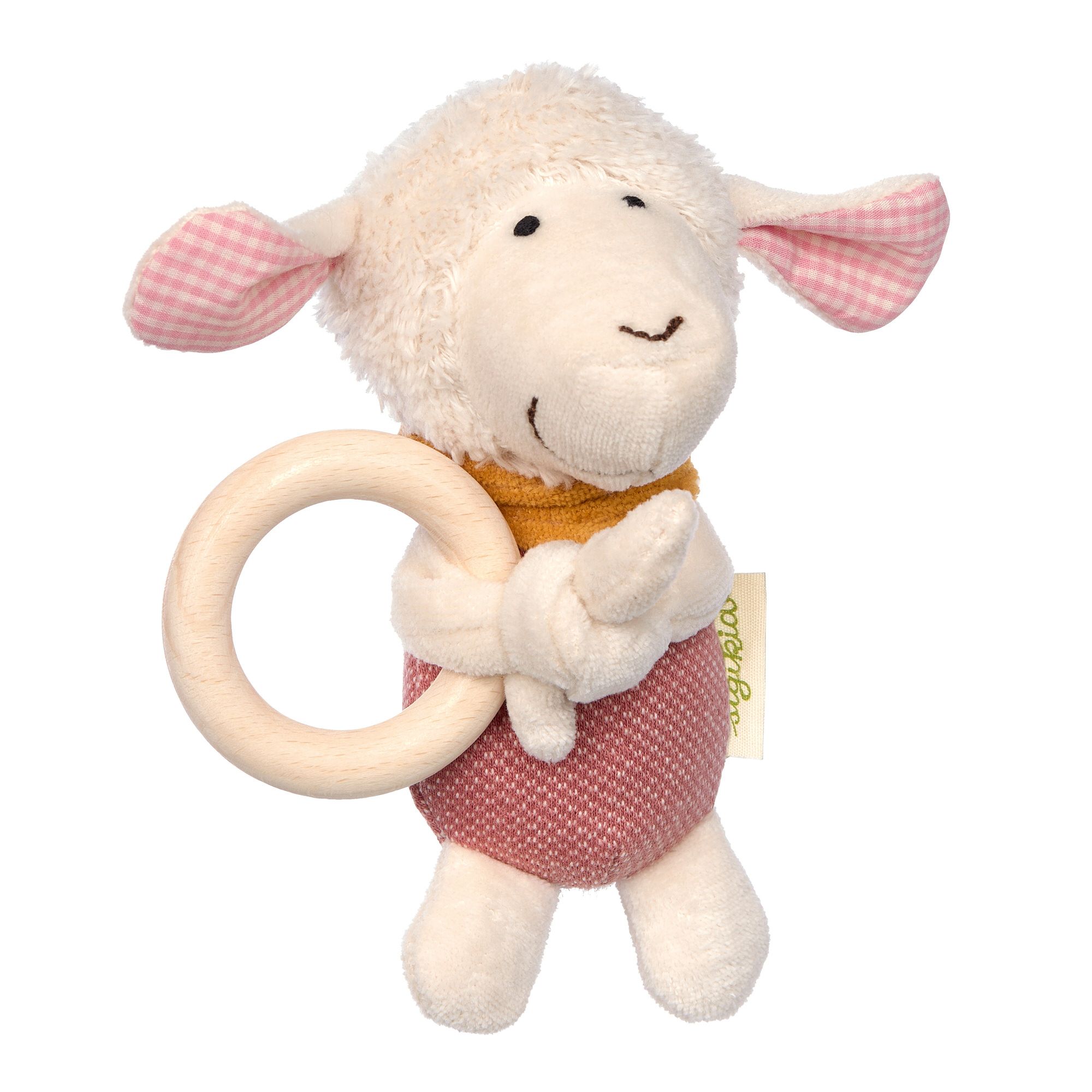 Stofftier Schaf mit Holzring. Beige, rosa und gelb. Ohren mit rosa Karomuster. Hält Holzring. Label mit "sigikid".