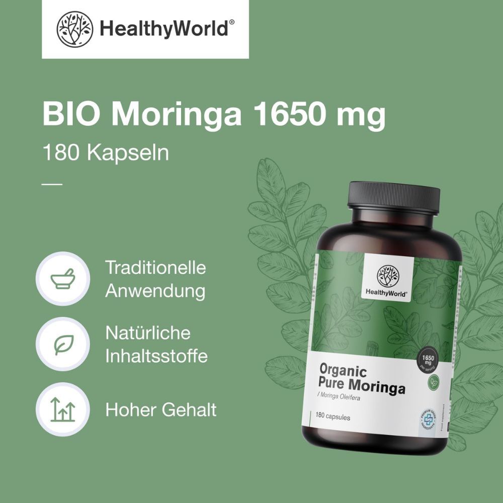 Text: BIO Moringa 1650 mg, 180 Kapseln. Logo: HealthyWorld. Illustrationen: Traditionelle Anwendung, natürliche Inhaltsstoffe, hoher Gehalt.