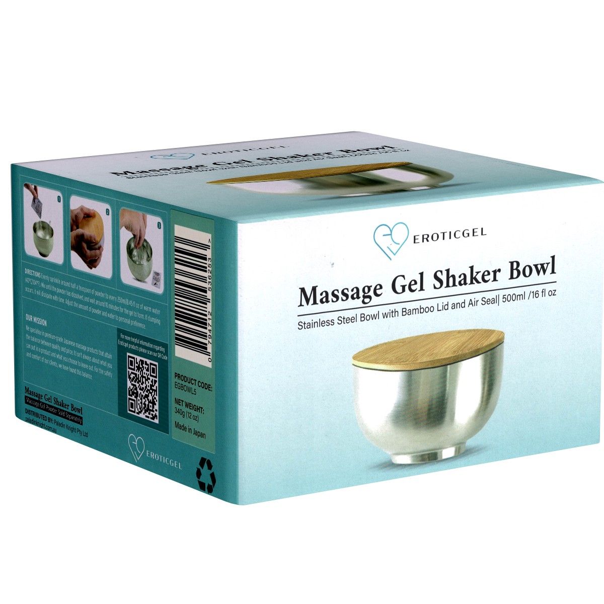Verpackung mit Massage Gel Shaker Bowl. Edelstahl-Schüssel mit Bambusdeckel. Produktname und Marke sichtbar.