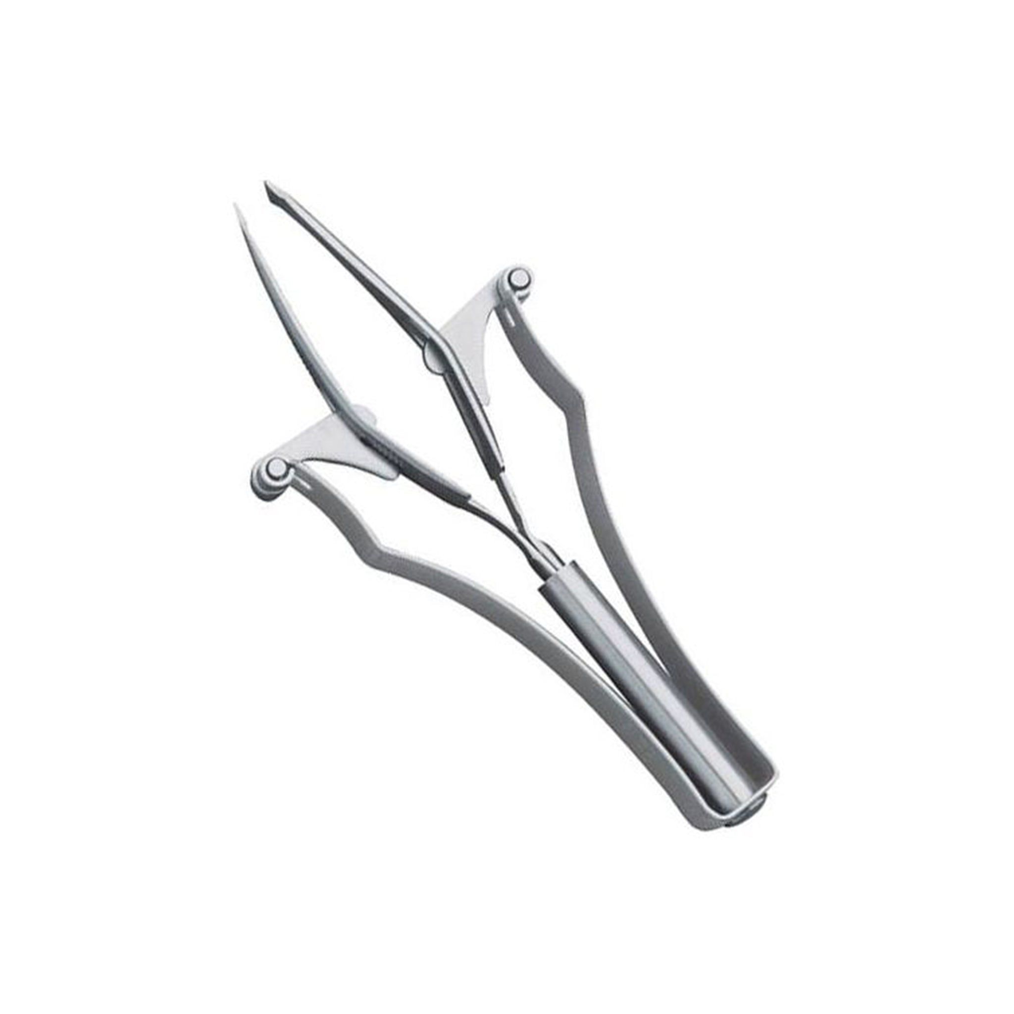 Automatische Pinzette aus Metall. Gebogene Spitzen, Griff mit Hebelmechanismus. Auf weißem Hintergrund.